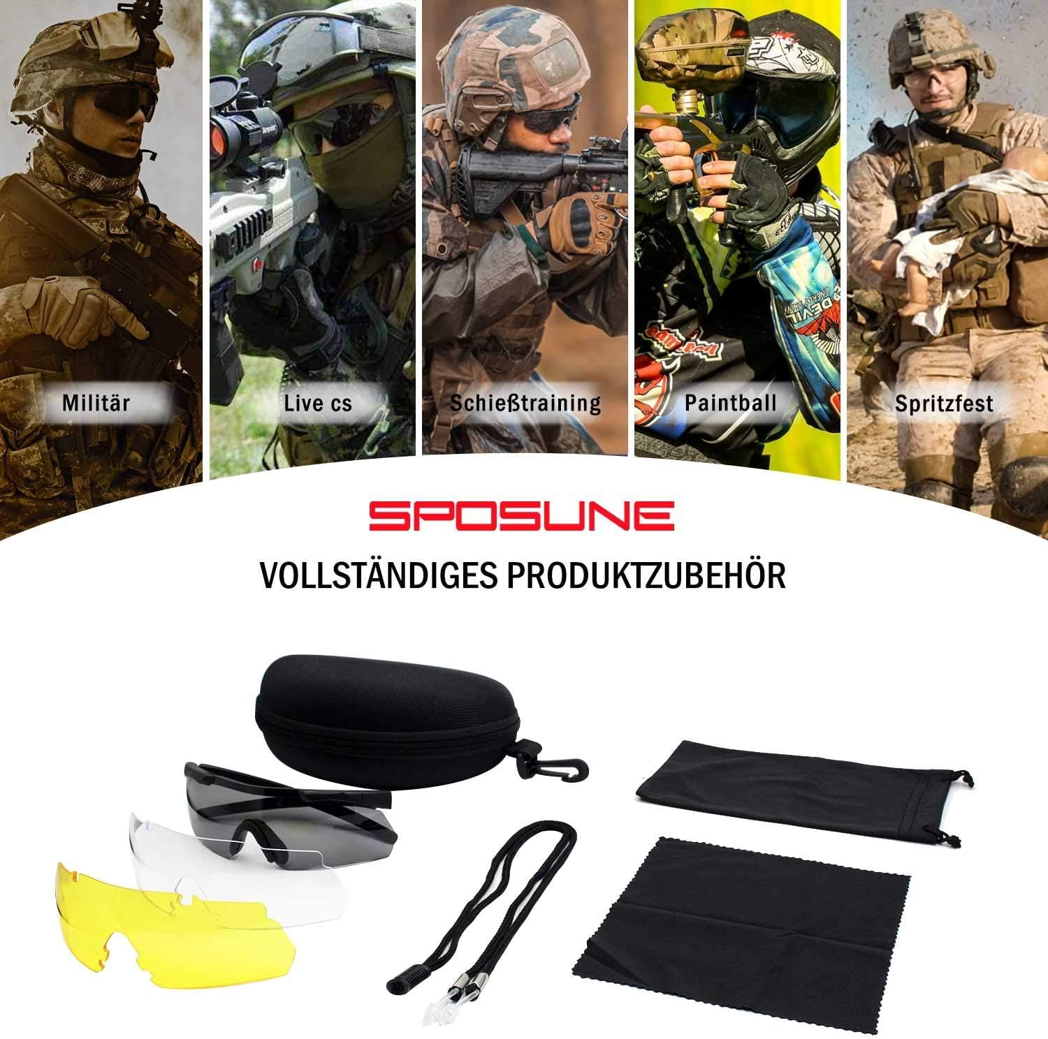 SPOSUNE Outdoor Tactical Brille mit 3 Austauschbaren Gläsern, Schlagfestigkeit Schießbrillen, Unisex-Schutzbrille Anti-Fog UV400 Augenschutz Sonnenbrille für die Jagd Radfahren Fahren