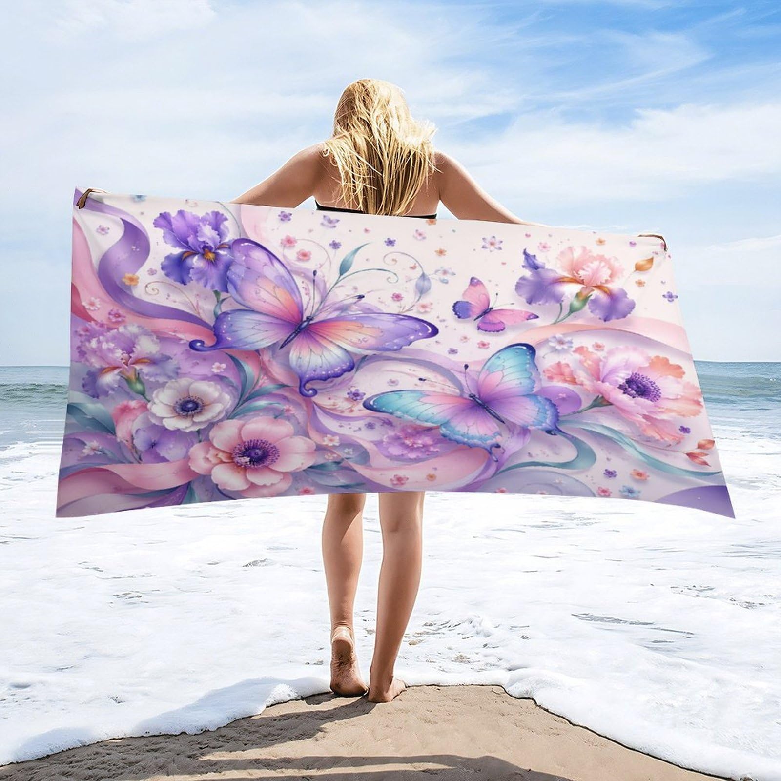 Anceky Floral Butterflies Ribbon Beach Towel 32"×63",Soft Microfiber Bath Towel Shawl, Quick Dry Absorbent Pool Spa Gym Shower Towel