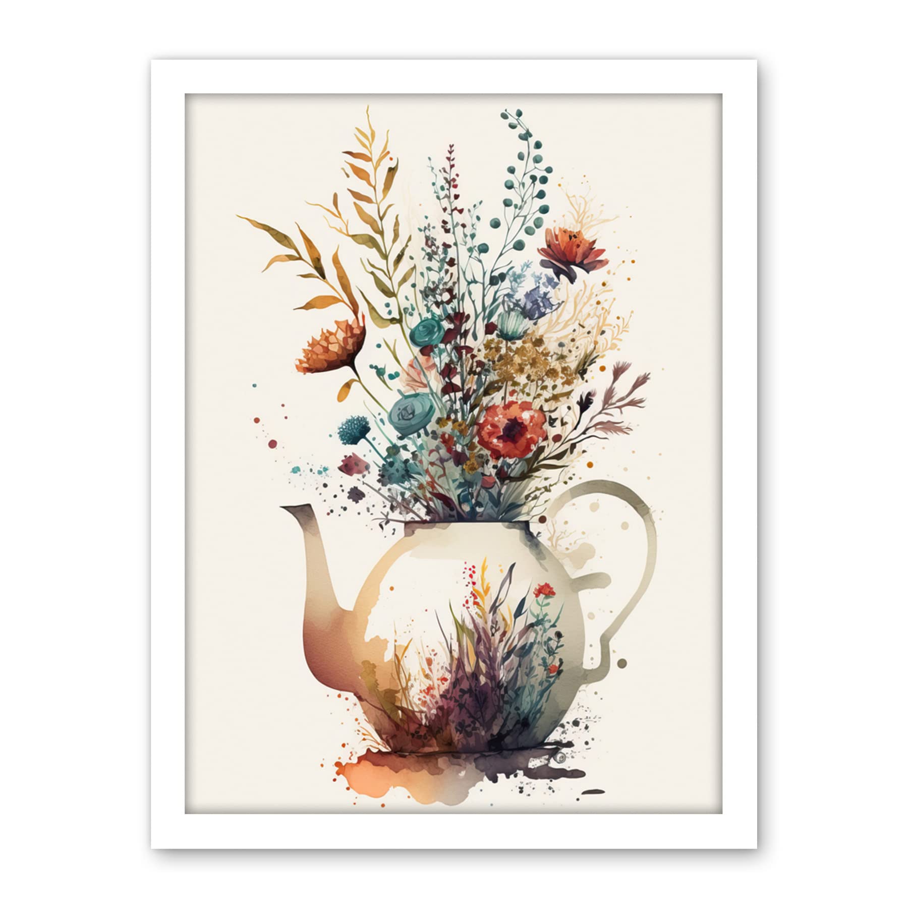 Artery8 Wildflower Bouquet Teapot Vase with Floral Design Artwork Framed Wall Art Print 18X24 Inch