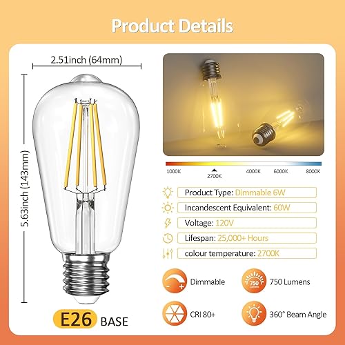 Miniatura 3 de Bombillas LED Edison E26 regulables equivalentes a 60 W, luz cálida suave de 2700 K para lámpara de mesa, lámpara de pie, baño, tocador, exterior