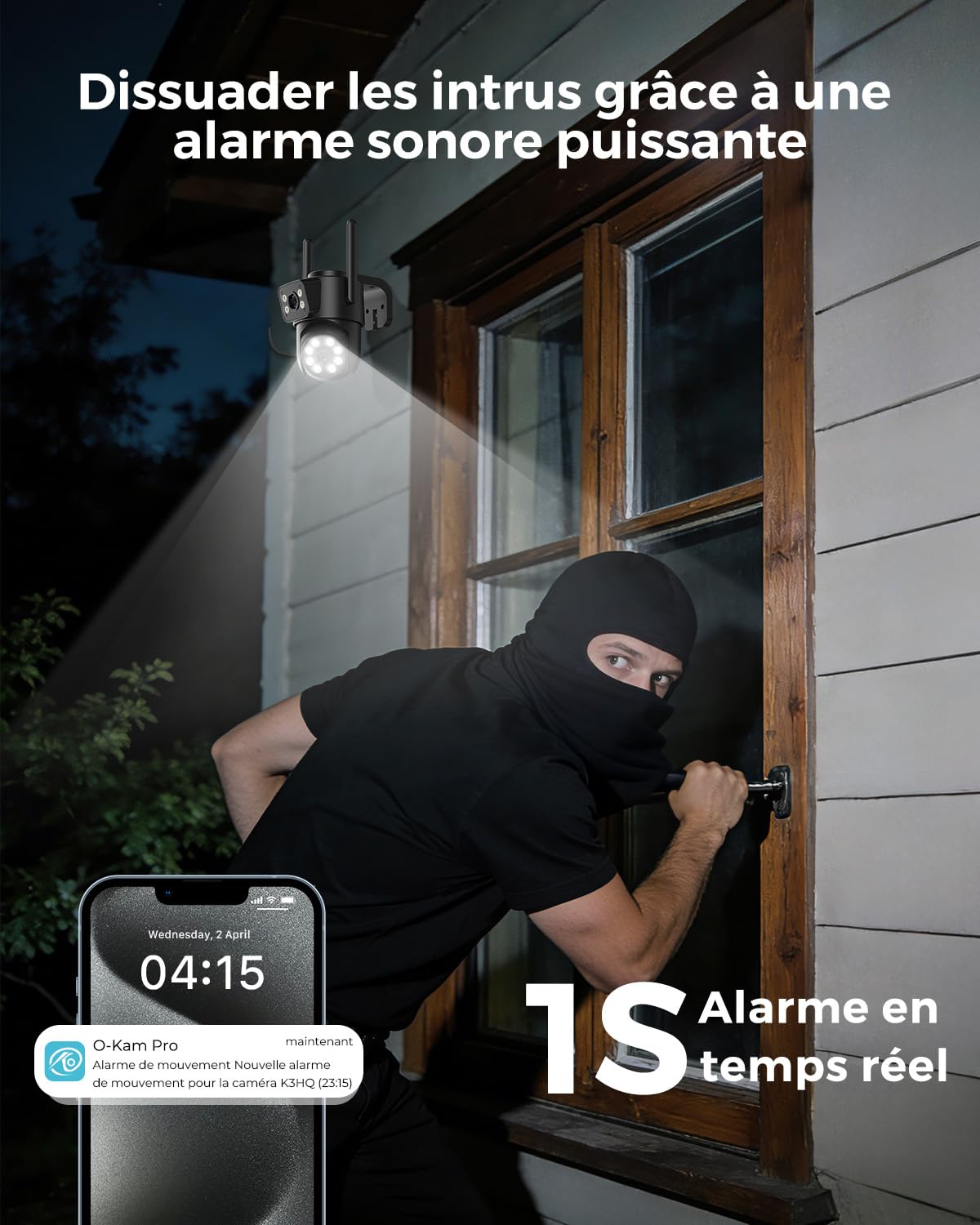 Reobiux 2K Camera Surveillance WiFi Exterieure avec Double Objectif, 2.4/5GHz Caméra Extérieur avec Vision Nocturne Couleur, Détection de Mouvement, Audio Bidirectionnel, Stockage SD/Cloud, IP66