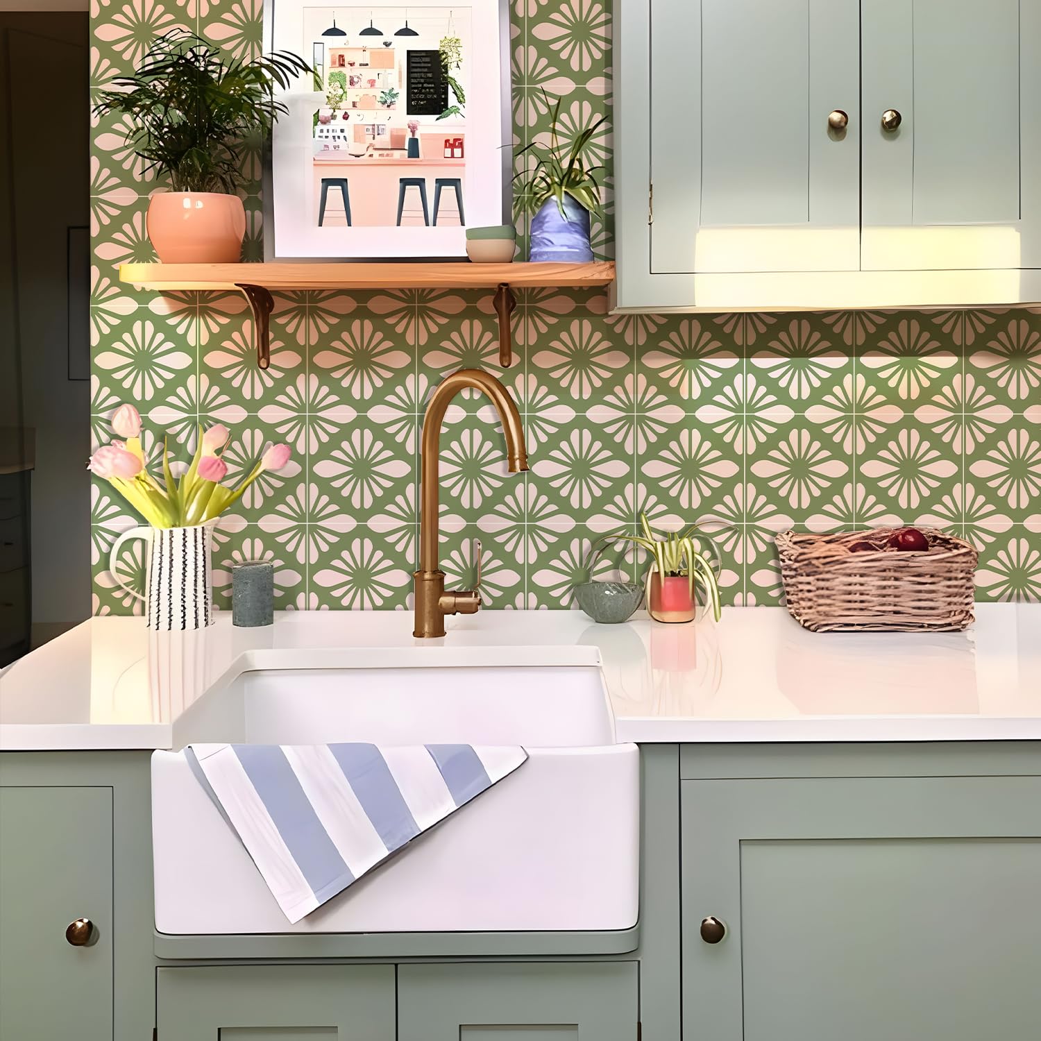 Alwayspon 25PcsX20cm/8inch Tile Sticker, Green Self Adhesive Stick on Tiles Transfer Sticker for Bathroom Kitchen, Splashback for Cooker, Peel and Stick Adhesive Vinyl Wall Tiles Sticker