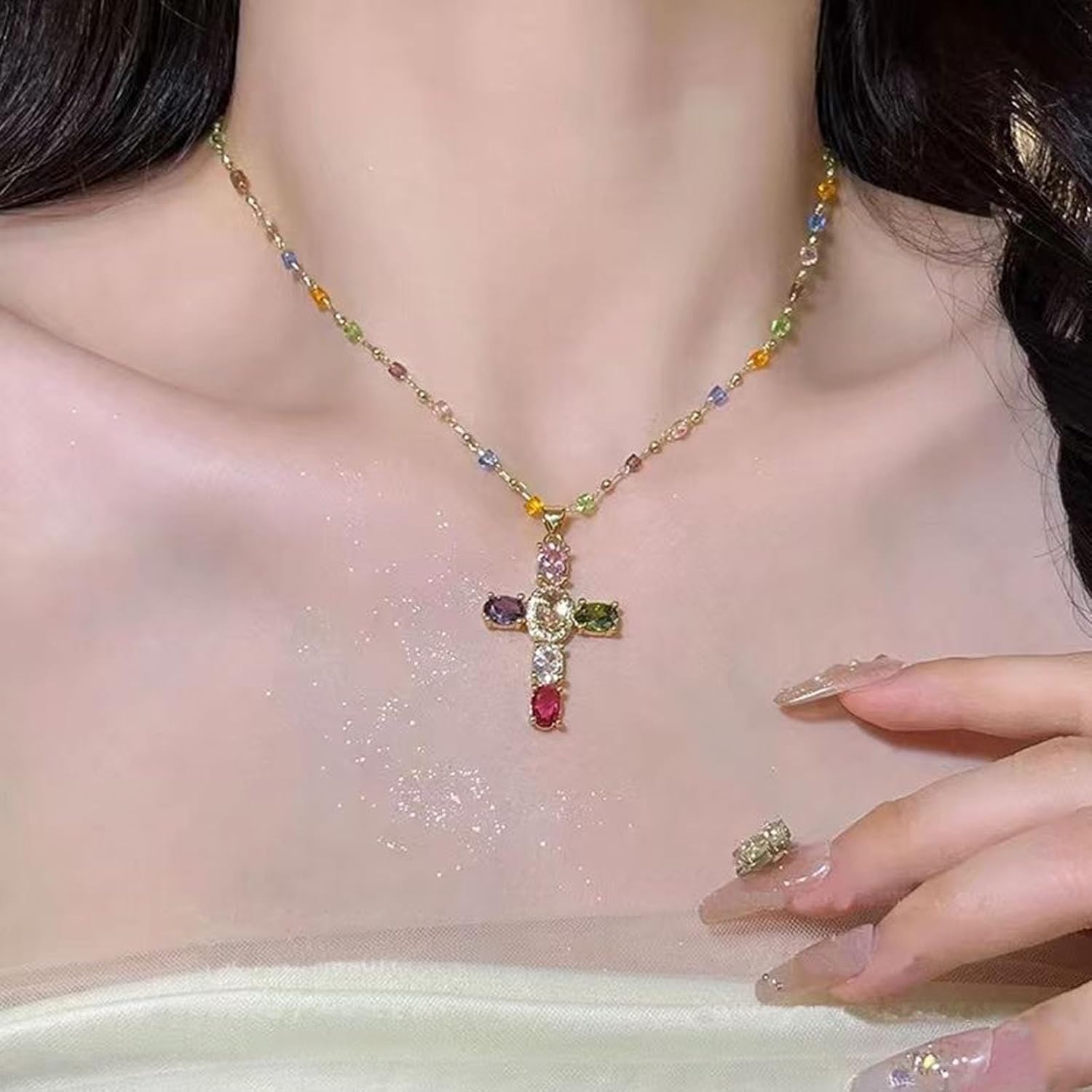 Gold Cross Necklace for Women Diamond Crystal Cross Pendant Necklace Cube Crystal Beads Satellite Chain Necklace Dainty Cross Religious Necklace Y2k Jewelry - Image 2