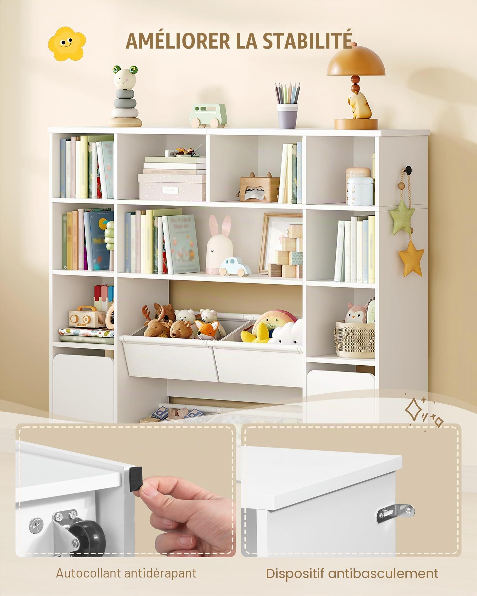Hzuaneri Bibliothèque Enfant avec 2 Coffre de Rangement à roulettes, Meuble Rangement Enfant à 4 Niveaux, Étagère à Jouets, étagère pour Chambre d'enfant, Bureau Blanc, 30 x 140 x 120 cm KB75203W