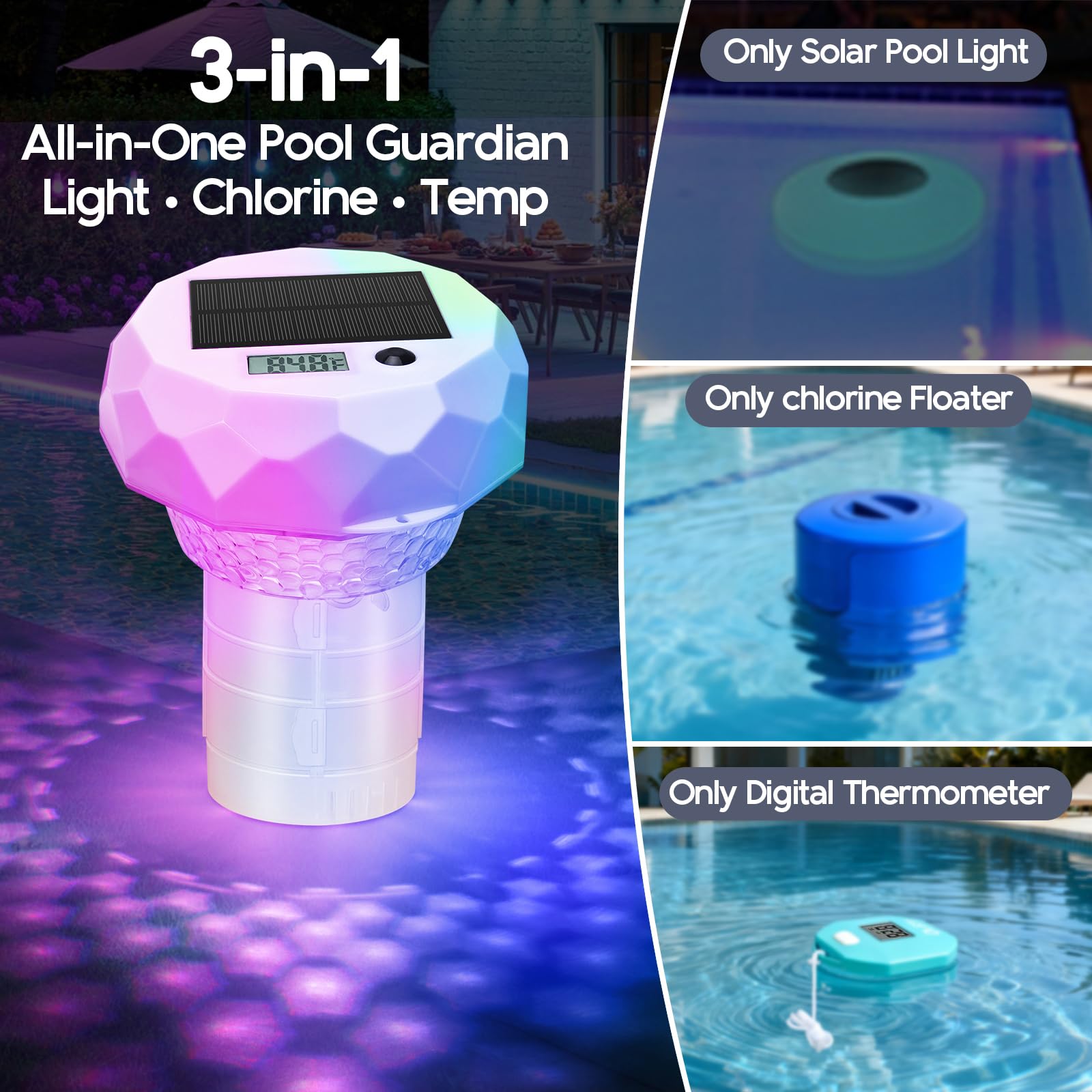 Qoolife Dosierschwimmer Pool mit Thermometer, Solarlicht LED 8 Farbmodi, Timer, wasserdichte, Pool Dosierer Chlorspender Pool Schwimmer mit Fernbedienung Einstellbar Faltbar Chlortabletten Dosierer