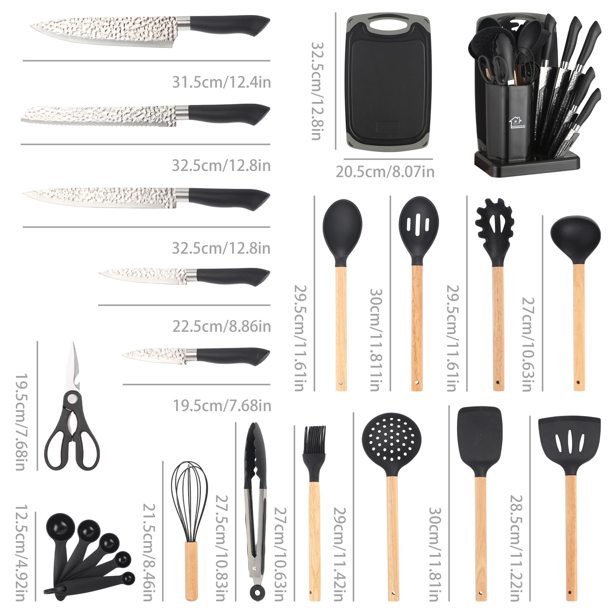 23-teiliges Küchenmesser- und Küchenutensilien-Set mit Messerblock, Schneidebrett, Silikon Kochutensilien, Edelstahlmesser und Holzgriff Küchenhelfer Schwarz