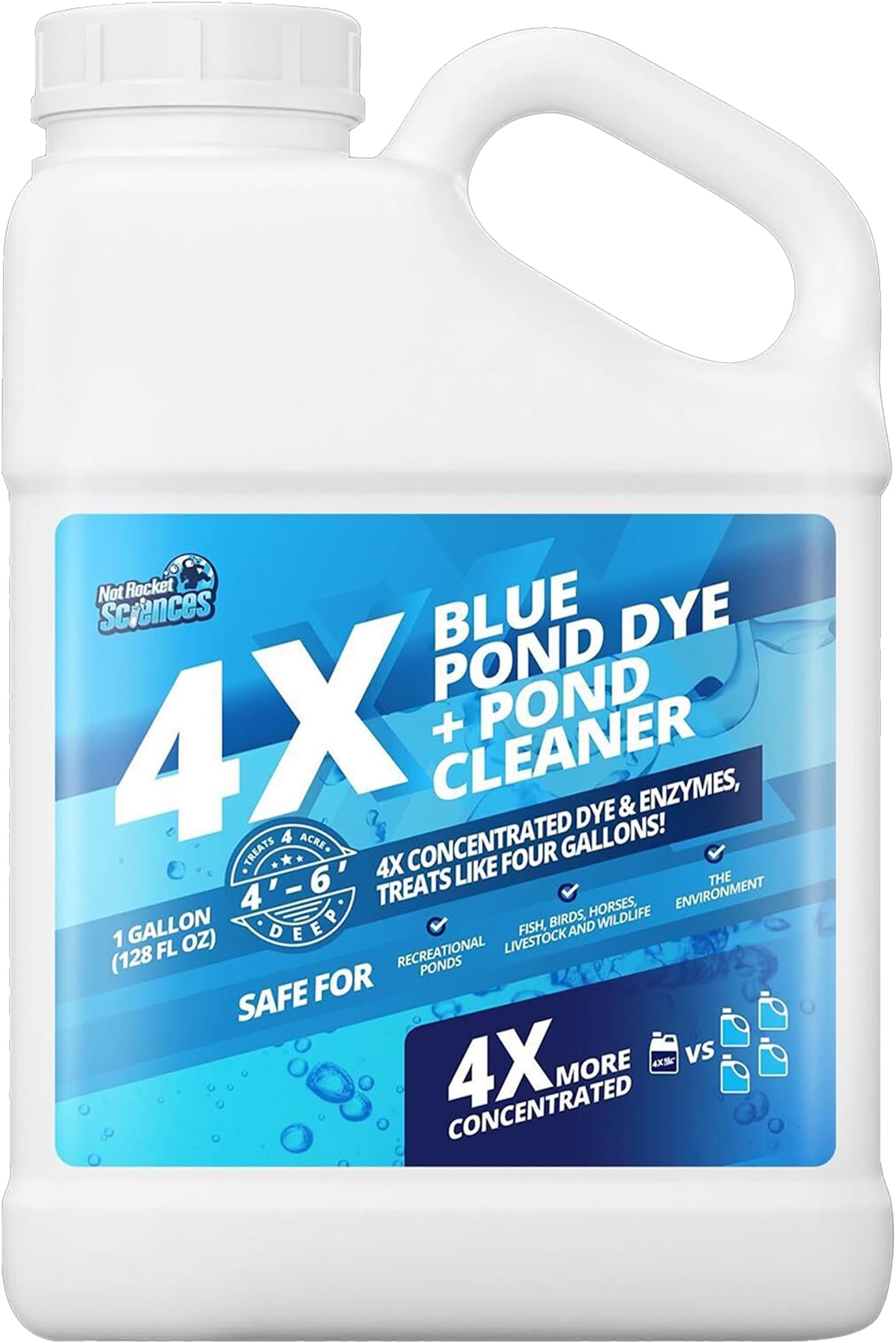 1 Gallon 4X Blue Pond Dye + Pond Cleaner, Blue Dye for Ponds and Lakes, 2-in-1 Lake Colorant + Enzymes, Makes Murky Water Clean & Beautiful, Keeps the Water Cool, Clear, and Ideal for Fish & Wildlife