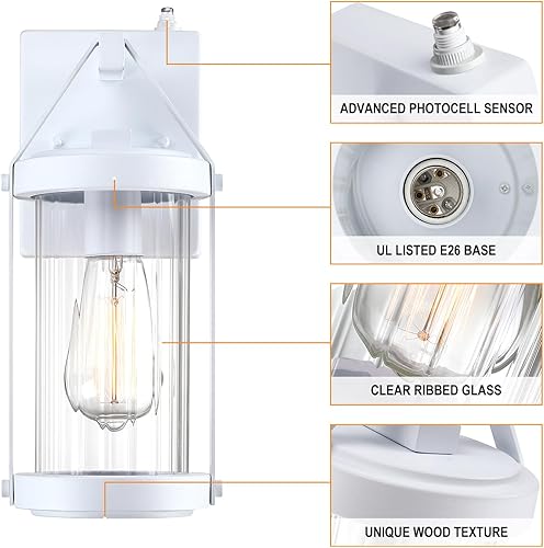 Miniatura 3 de LONEDRUID Paquete de 2 lámparas de pared para exteriores, con sensor de anochecer a amanecer, lámpara de pared blanca para exteriores, farolillos
