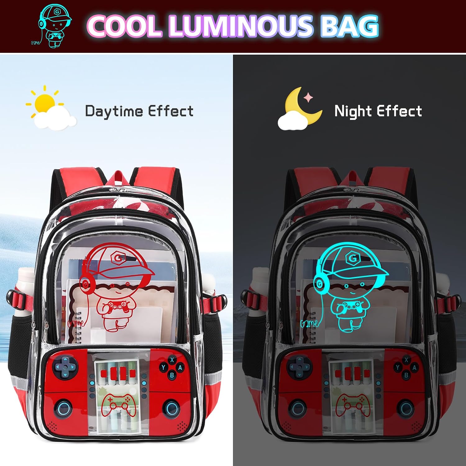 Bevalsa Clear Backpack for Boys,3PCS Cool Gaming Clear Bookbag for School