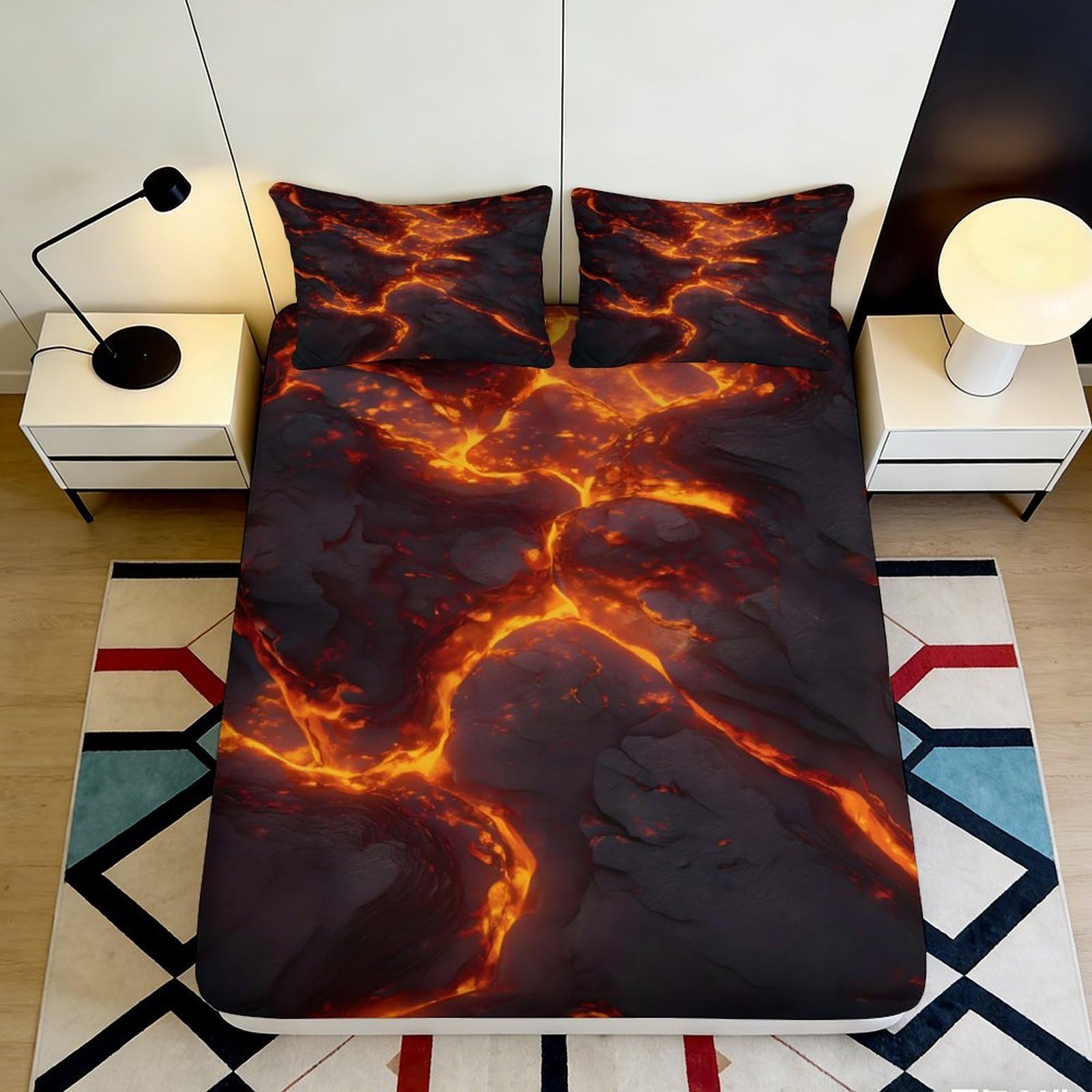 3D Printed Lava Flow Fitted Sheet Microfiber Soft Breathable Volcano Magma Bed Cover for Bedroom Dorm Mattress Protection 180x200x25cm