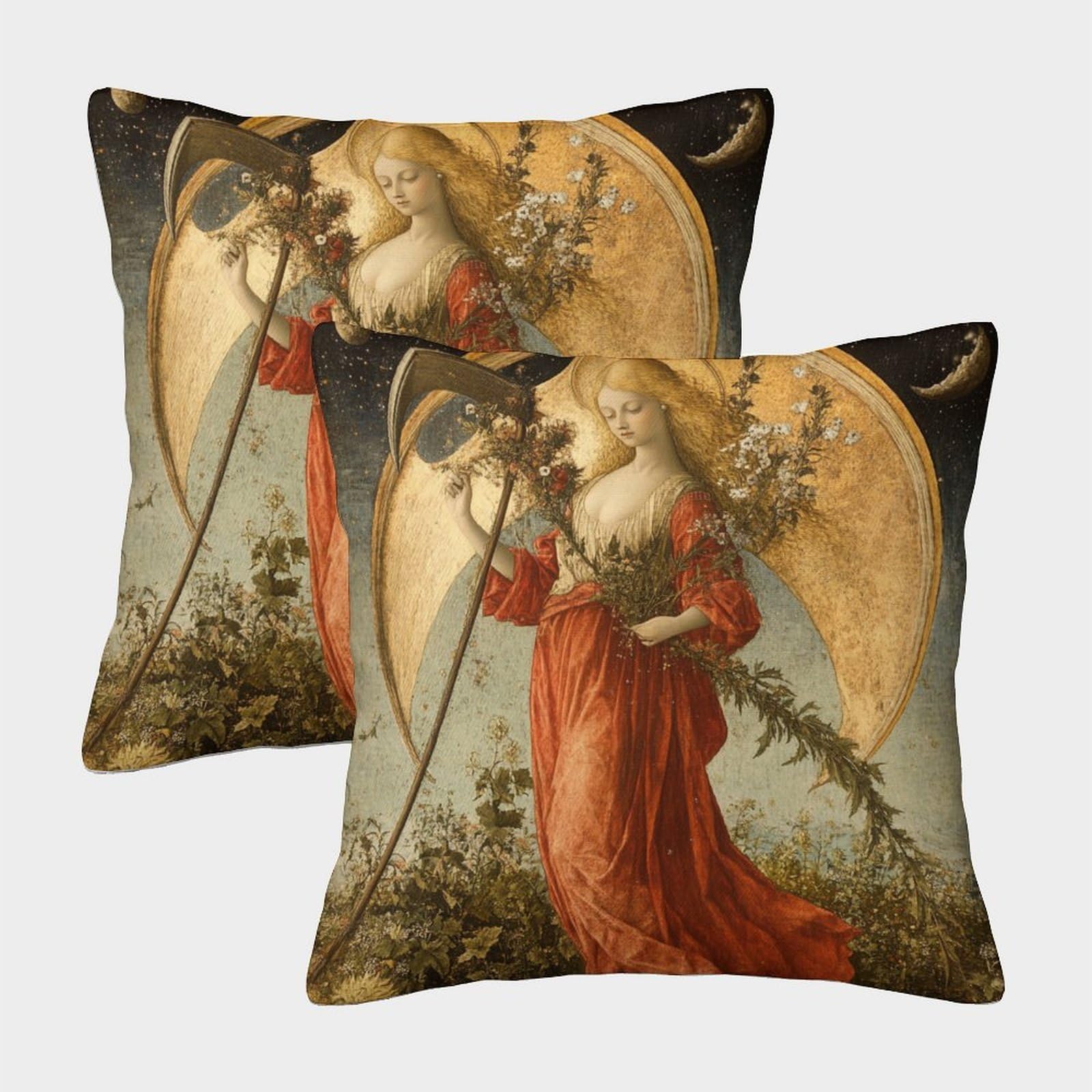 kaiyun 2 Pack 3D The Harvest Goddess Theme Square Cushion Cover Decoration Ceres And Sickle Pillow Cover Suitable for Home Sofa Bedroom Living Room 45x45cm