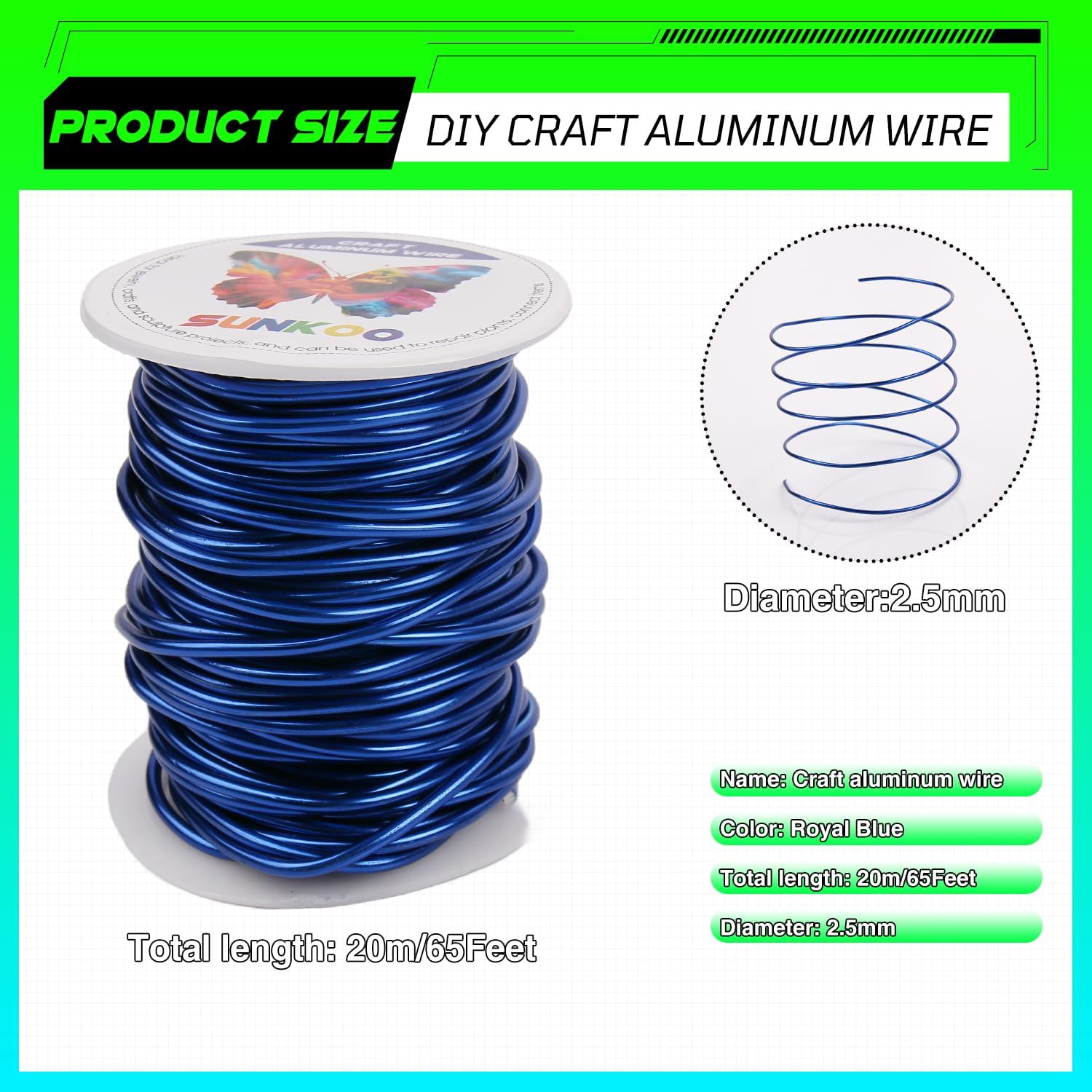 Sunkoo 10 Gauge 2.5mm Sapphire Blue Aluminium Craft Wire,65.6Ft Bendable Wire for Jewellery Making Sculpting, Floristry - Image 2