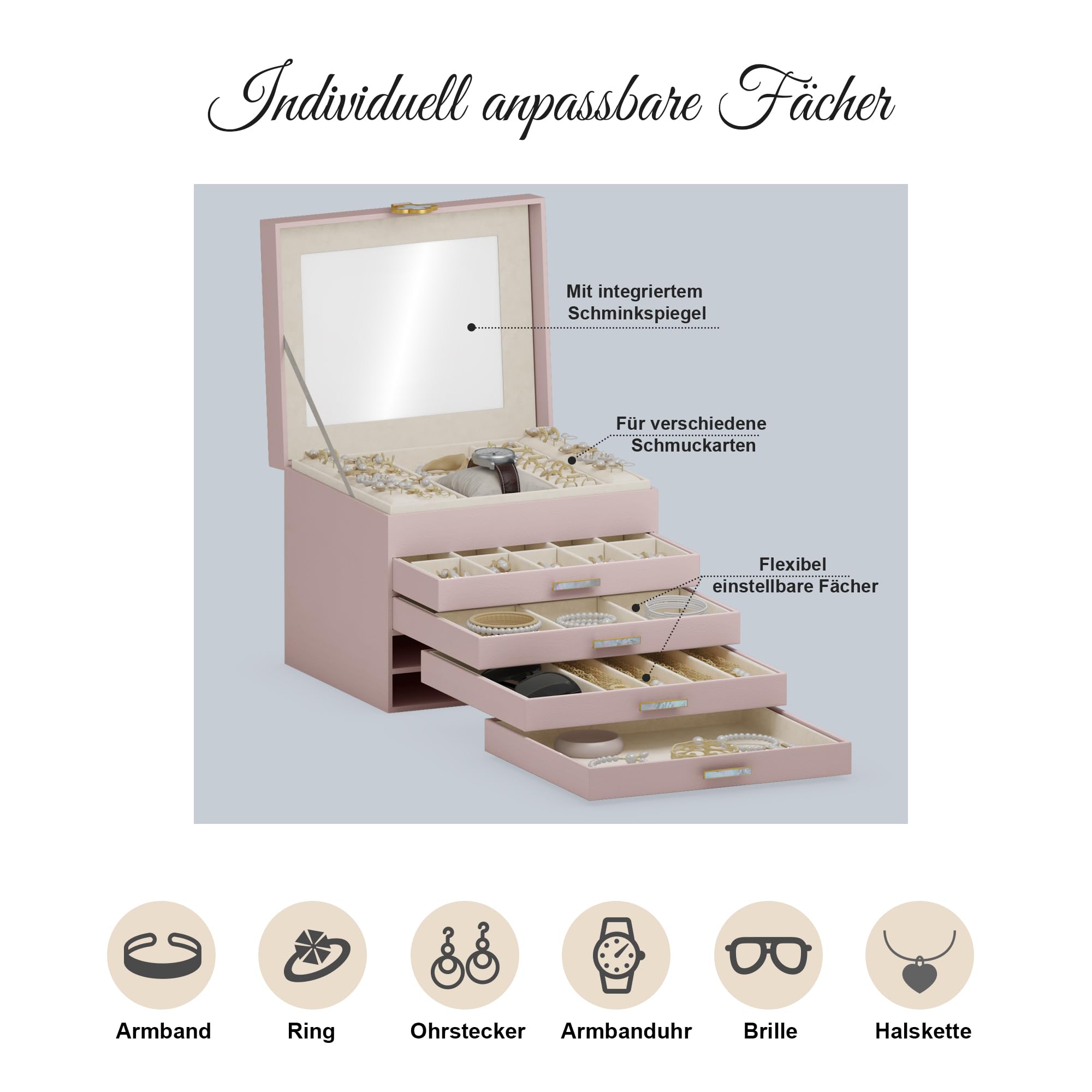 ADEL DREAM Portagioie a 5 ripiani con bottone a forma di quadrifoglio, con vassoio estraibile, con grande specchio, scomparti regolabili fai da te, per mamme e ragazze, rosa