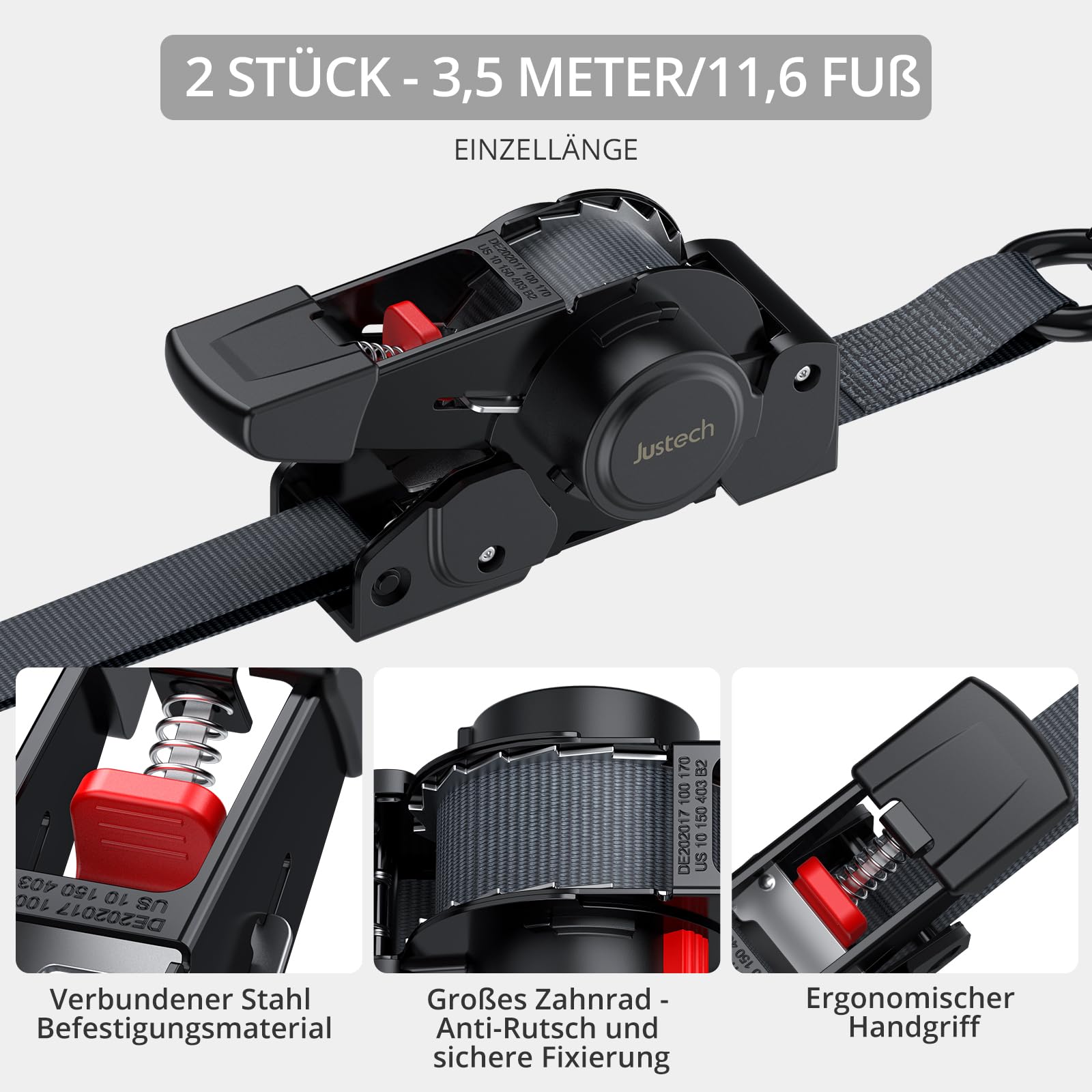 Justech 2 einziehbare Selbstaufrollende Spanngurte Ratschengurte, 3,5m Länge, 2,5cm Breite, Bruchfestigkeit 640kg, Sicherheitshaken Sichern und Transportieren Motorrad, Anhänger, Quads und Boote