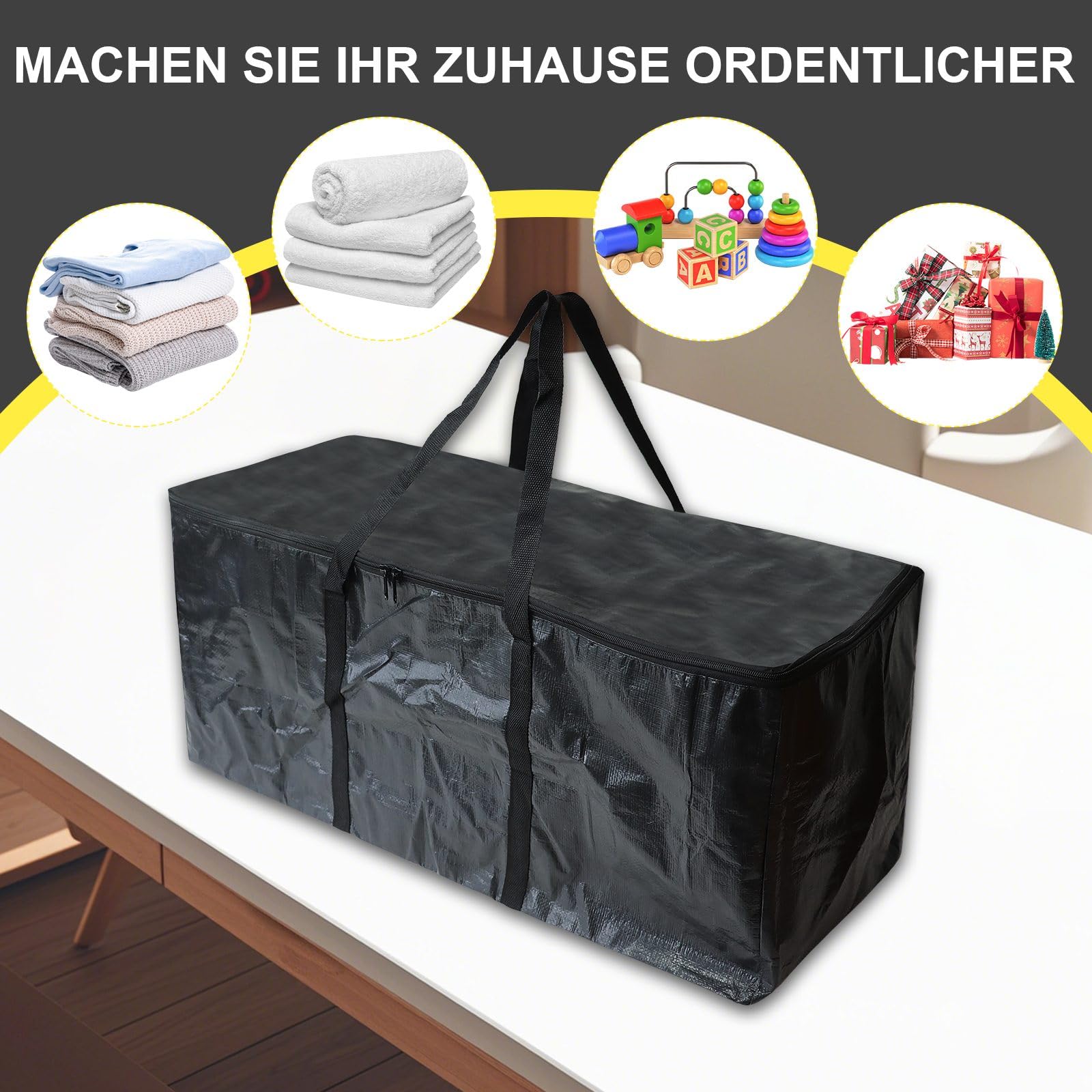 Lot de 6 Grand Sacs Déménagement Vêtements 85L, Imperméable Sac Rangement Résistant avec Fermeture éclair et Poignées Renforcées, Sacs Vêtements Housses Rangement(Noir)