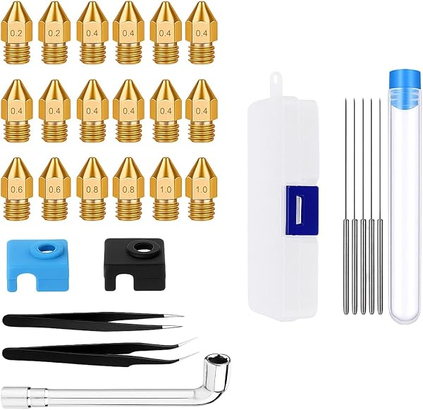 Kit de Buses d’Imprimante 3D MK8 30 Pièces, 18 Buses en Laiton 0,2/0,4/0,6/0,8/1,0 mm avec Outils de Nettoyage, Accessoires pour Imprimante 3D, Compatible Filament 1,75 mm et CR-10/CR-8/ Ender 3/3S