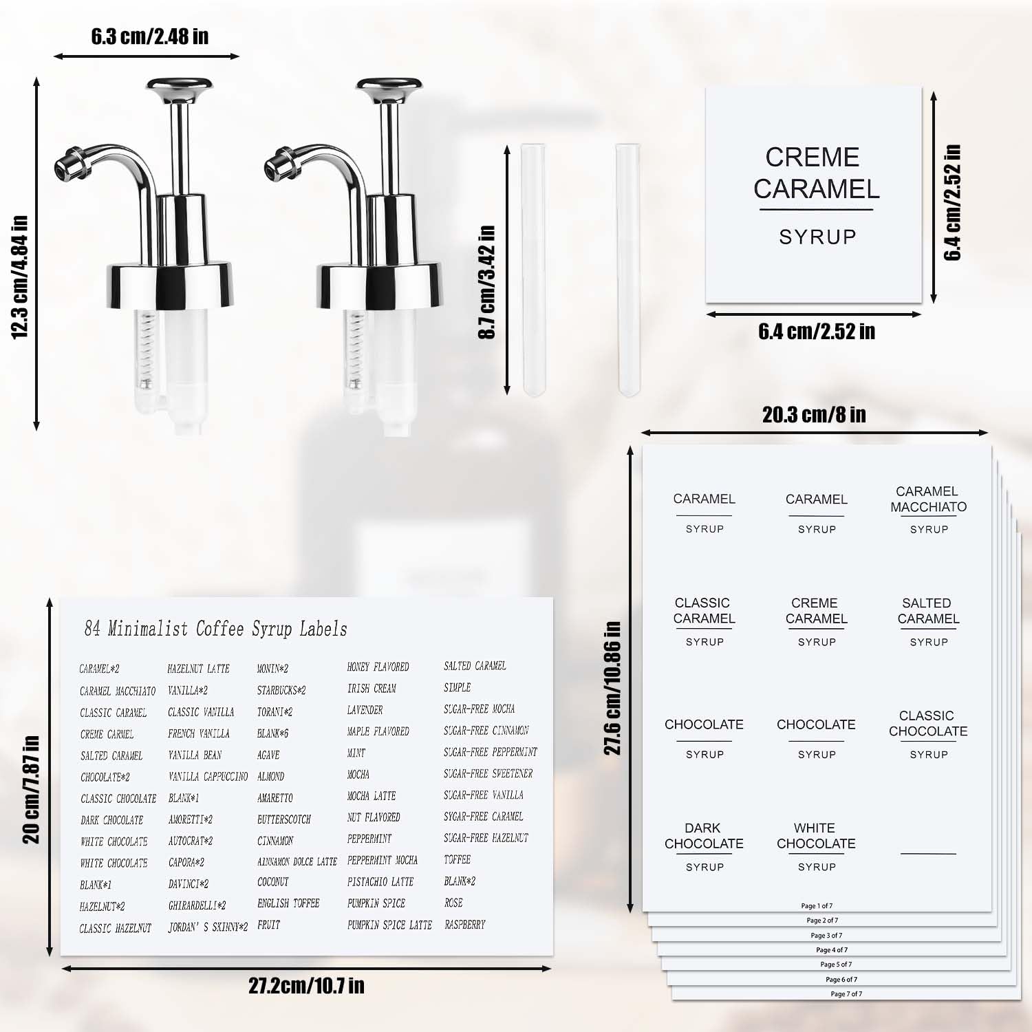 2pcs Coffee Syrup Dispenser with 84pcs Coffee Syrup Labels, Syrup Dispenser Pump for 16.9oz/500ml Syrup Dispenser Bottle Syrup Pumps Coffee Syrup Stickers for Coffee Bar Accessories(Silver)