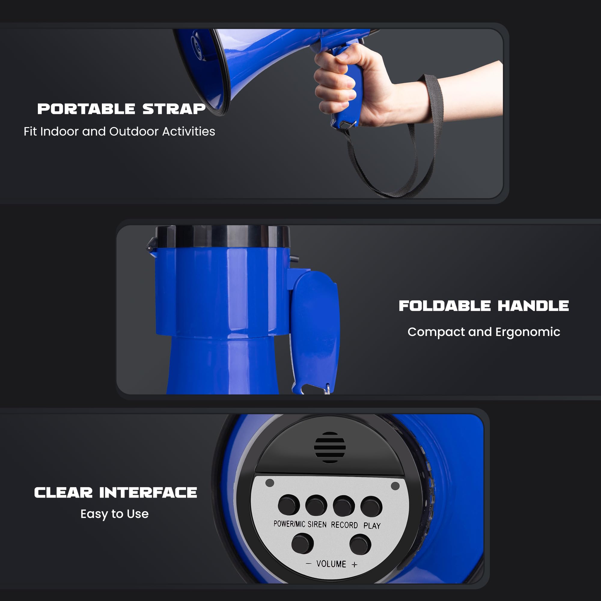 Megafono Portatile 30W con Sirena e Registrazione 240s, Copertura 700m