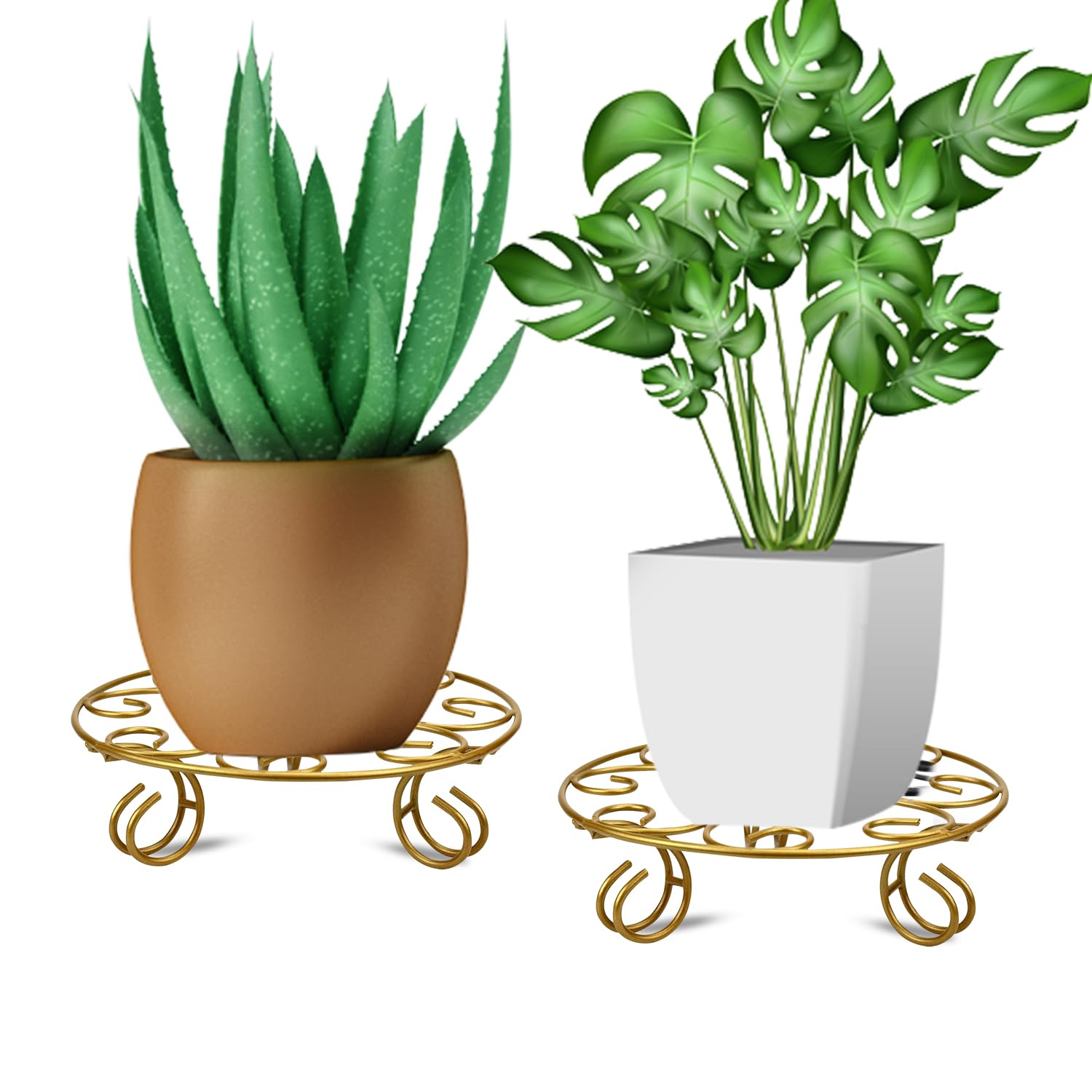 ORILEY Soporte redondo de metal para macetas, resistente, elegante y funcional, soporte para plantas montado en el suelo, libre de óxido para uso en interiores y exteriores (paquete de 2, dorado)