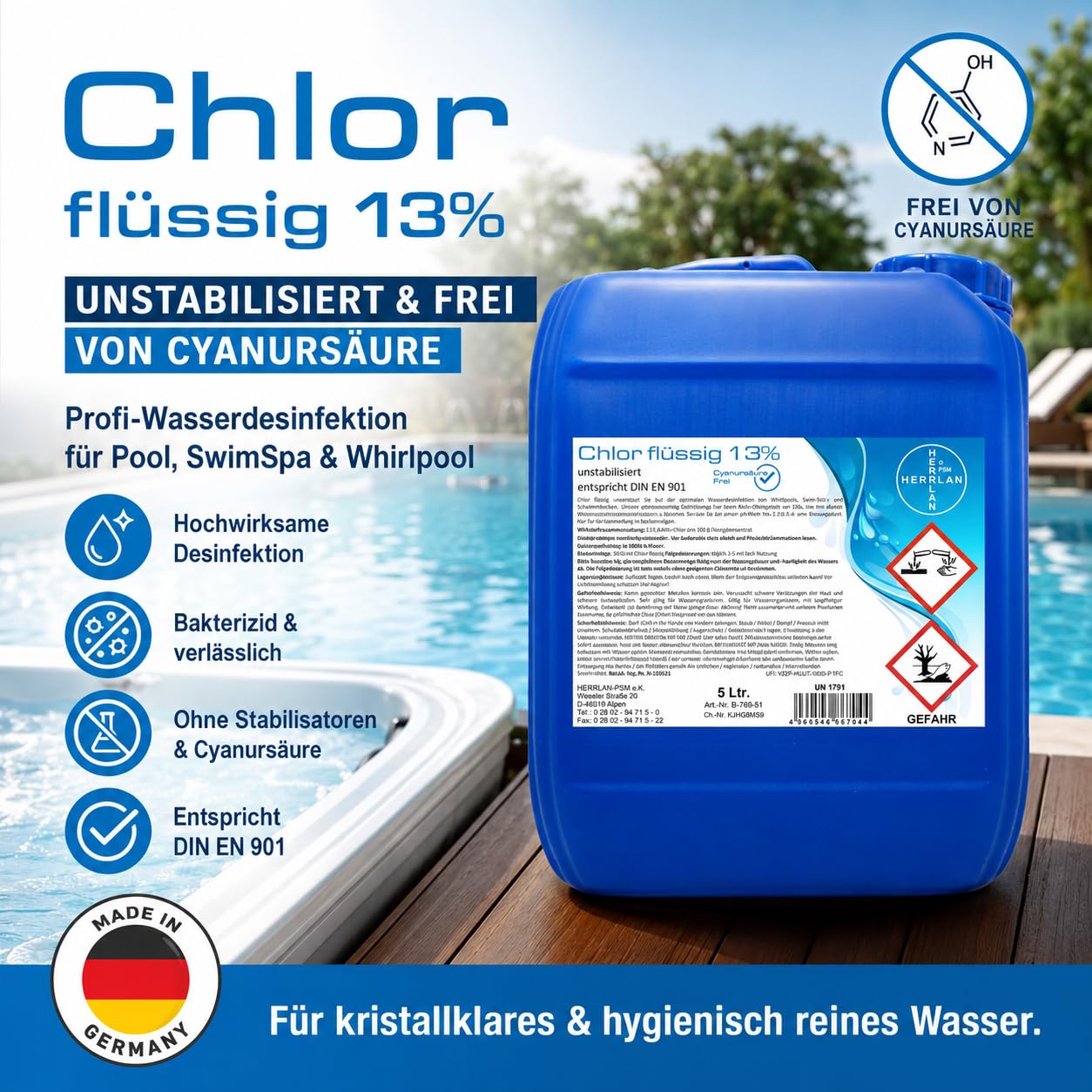HERRLAN® Chlor flüssig 13% – 10 Liter Gebinde, 13 Kg Netto - Unstabilisiert & frei von Cyanursäure - Profi-Wasserdesinfektion für Pool, SwimSpa & Whirlpool - Made in Germany