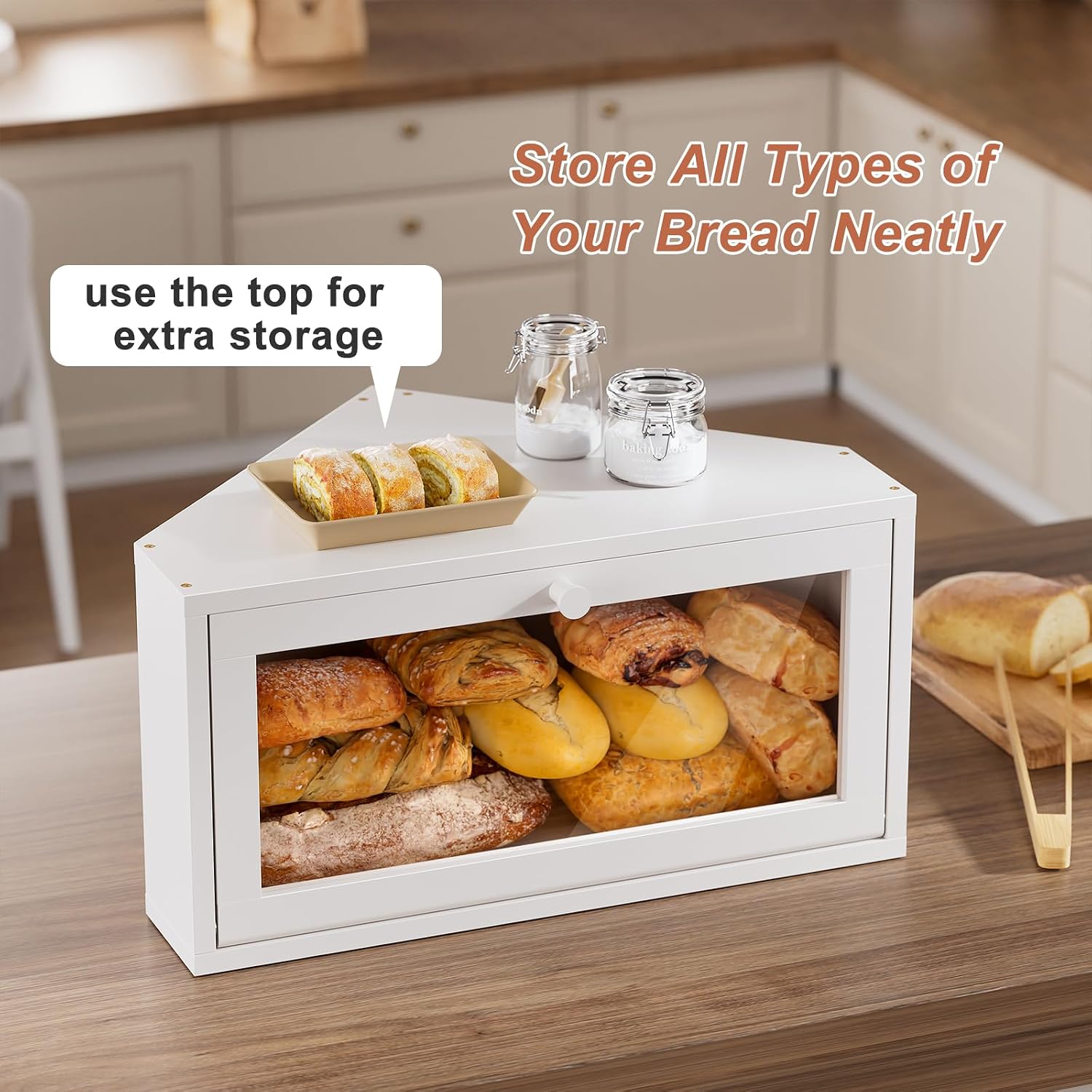 WOWLIVE Corner Bread Box for Kitchen Countertop, Large Bamboo Bread Storage Container for Homemade Bread, Farmhouse Bread Holder with Window, Multi-functional Container, White