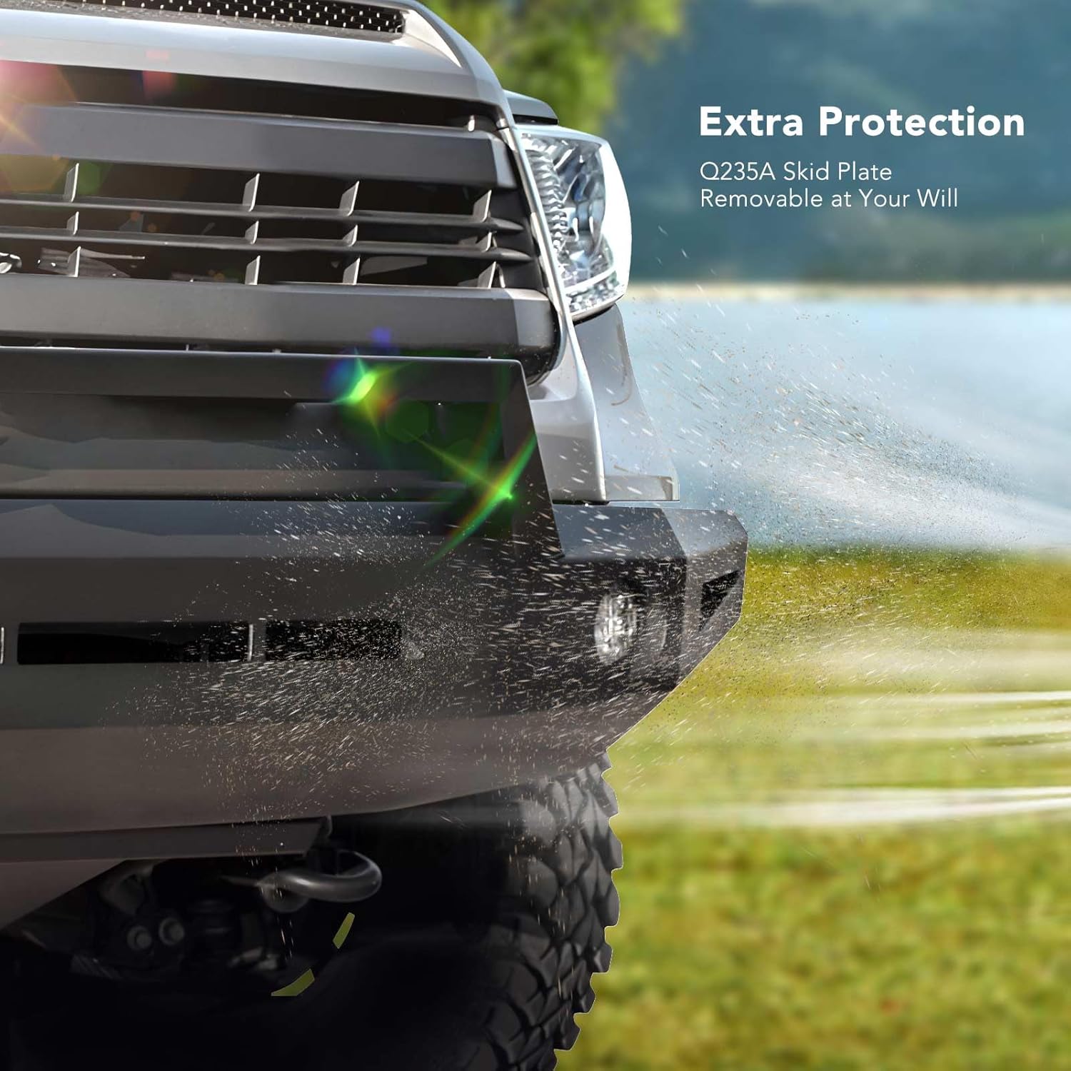 YHTAUTO Bull Bar Push Bar with Skid Plate Light Mount Fit Ford Ranger 2019 2020 2021 2022 2023, Heavy Duty Steel Brush Guard for Truck Front Bumper Style C Textured Black Off Road Accessories