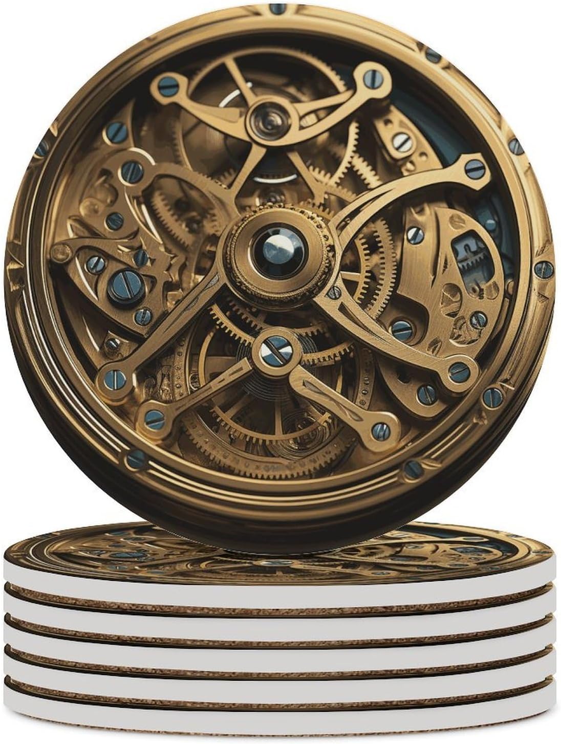 6PCS Cool Steampunk Gears Coasters Non-Slip Round Drink Coasters with Ceramic Stone and Cork Base, Heat Resistant Absorbent 33.00Stone Coaster Set for Kinds of Mugs and Cups, 4 Inch