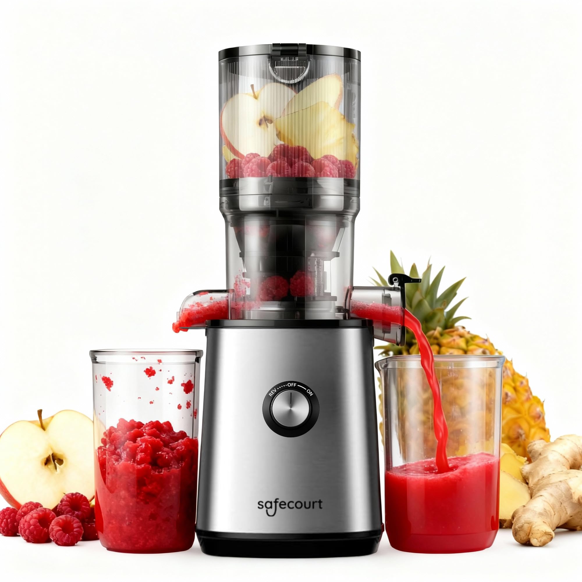 Safecourt Entsafter Gemüse und Obst - Slow Juicer [XXL Einfüllschacht für Ganzes Obst und Gemüse] Saftpresse elektrisch [mit 90% Saftergebnis] - Obstpresse [mit 1.5 Liter Fassungsvermögen] - Silber