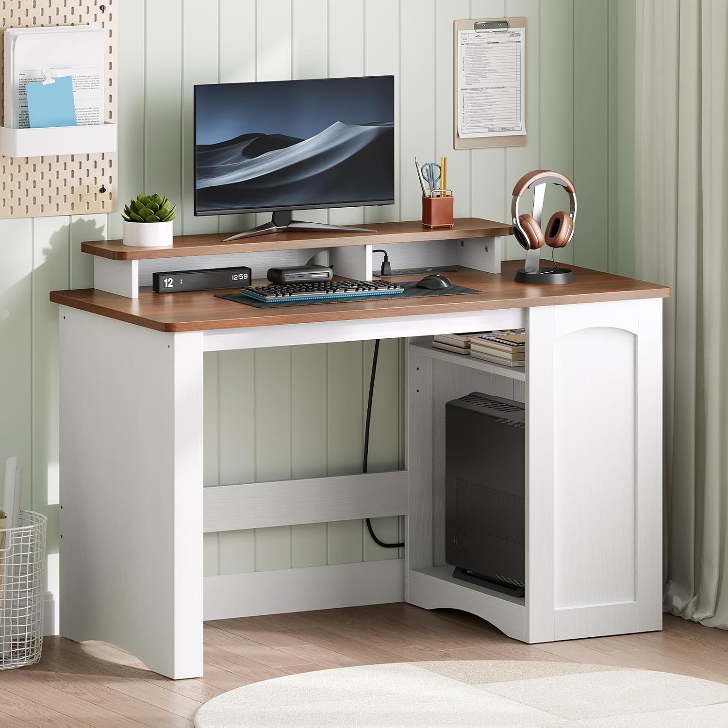 HOOBRO Computer Desk, Office Desk with Charging Station, Farmhouse Executive Desk with Monitor Stand & Adjustable Shelf, Small Desk for Small Space, Study, Living Room, White and Walnut WH85UDN01