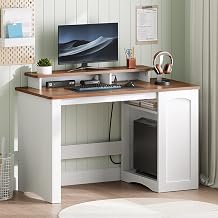 HOOBRO Computer Desk, Office Desk with Charging Station, Farmhouse Executive Desk with Monitor Stand & Adjustable Shelf, Small Desk for Small Space, Study, Living Room, White and Walnut WH85UDN01