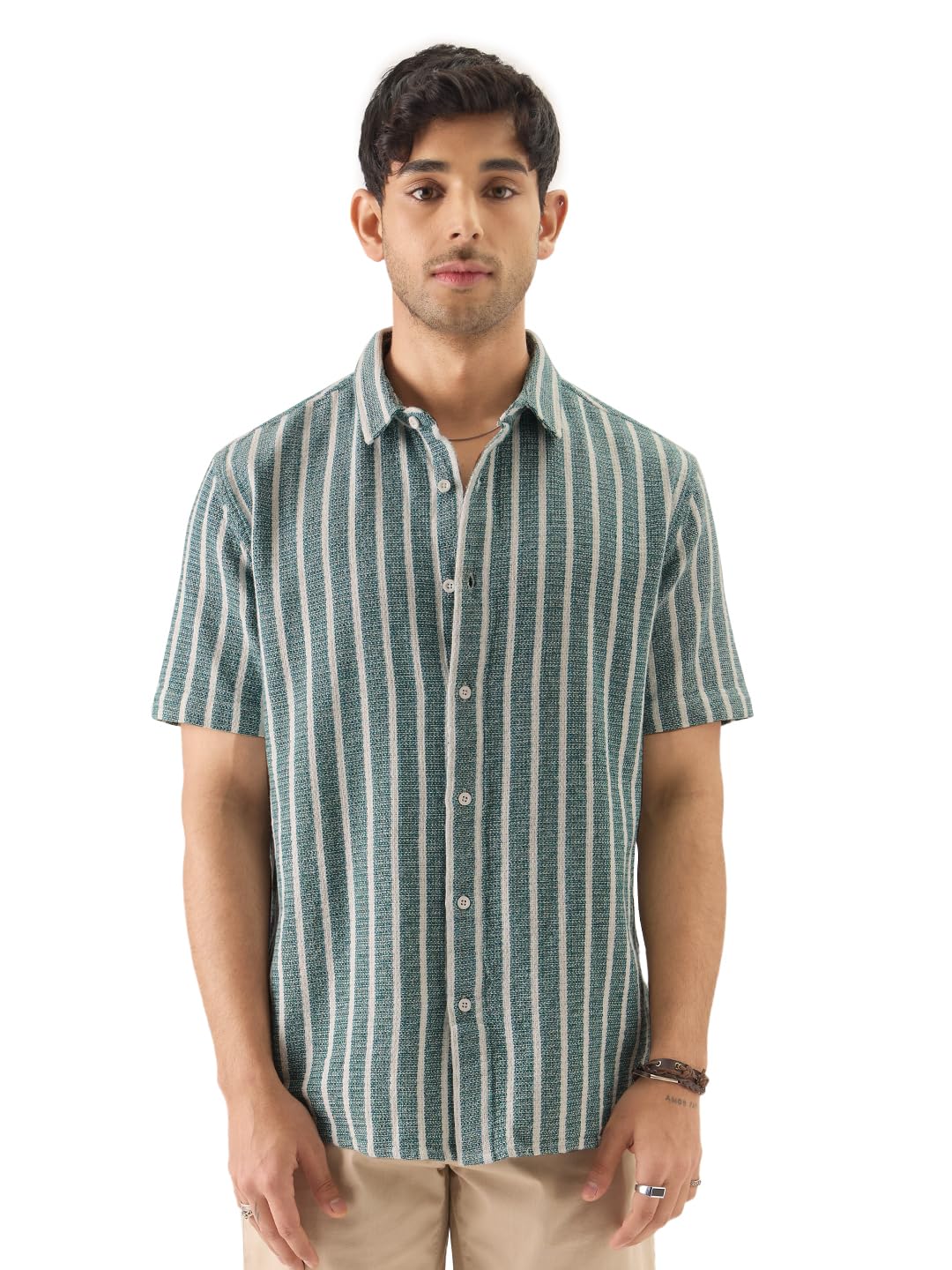 The Souled StoreTSS Originals: Stripes Green Printed Men and Boys Collared Long Sleeve Button Down Regular Fit Shirts Shirts Casual Button-Down Half Sleeve Printed Graphic Short Sleeve Casual