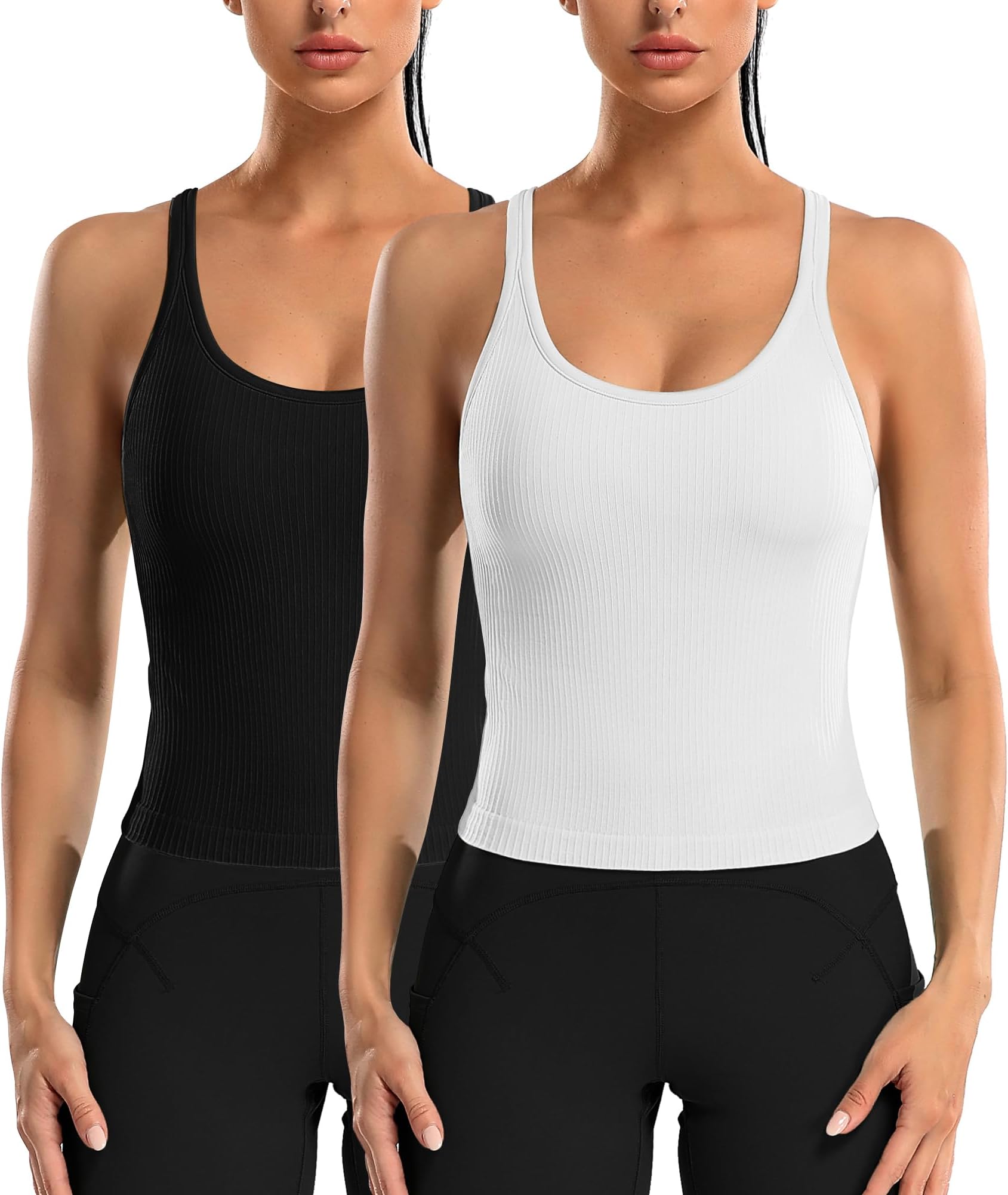 - 2 Pack Ribbed Workout Tank Top with Built in Bra Women Seamless Cropped Racerback Yoga Tops Tight Fit