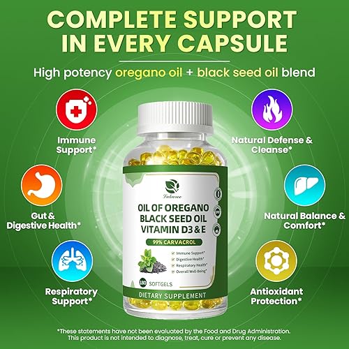 Miniatura 5 de Cápsulas de aceite de orégano orgánico con aceite de semilla negra, Carvacrol 99% ultraconcentrado, 5 en 1 con vitamina D3 E pimienta negra, inmune,