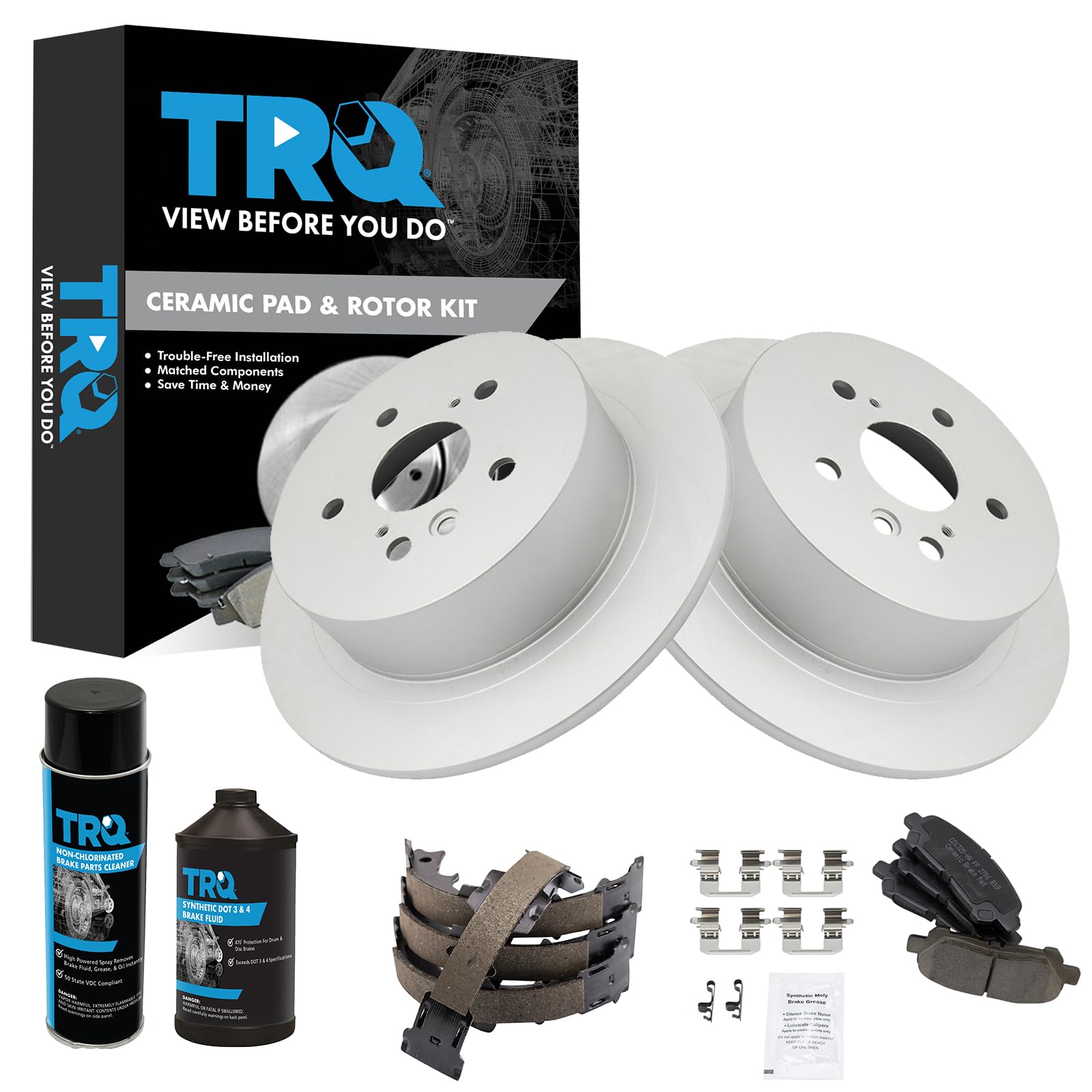 TRQ Rear Brake Pad &amp; Rotor Kit, with Chemical Kit Parking Brake Shoe Set Ceramic Premium G-Coated Compatible with 2012-2013 Toyota Highlander