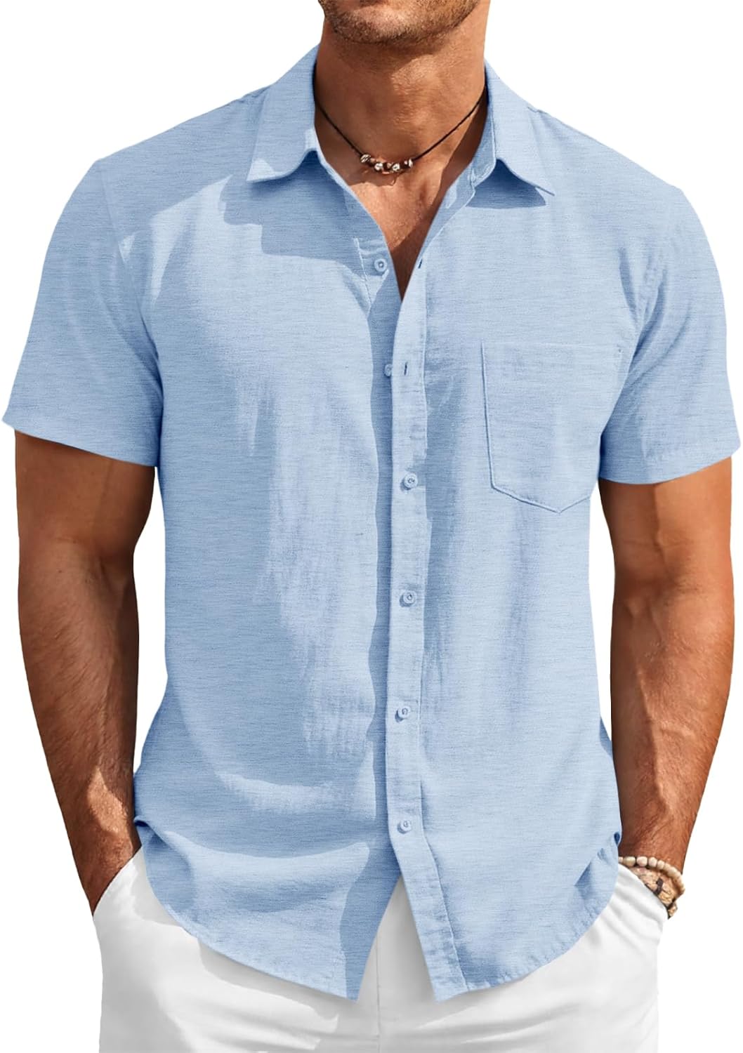 Runcati Mens Button Down Linen Shirt Short Sleeve Casual Vacation Shirts Summer Beach Wedding Tops with Pocket