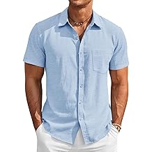 Mens Button Down Linen Shirt Short Sleeve Casual Vacation Shirts Summer Beach Wedding Tops with Pocket