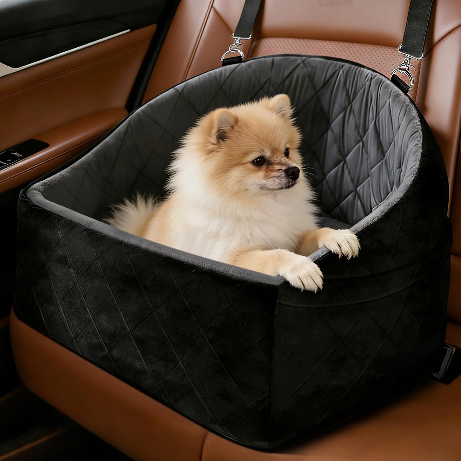 Dog Car Seat for Small Medium Dogs, Dog Booster Seat Travel Bed for Small Dogs up to 30 lbs, for Front/Back Seats – Washable Pet Car Seat with 2 Pockets (Black/Gray)