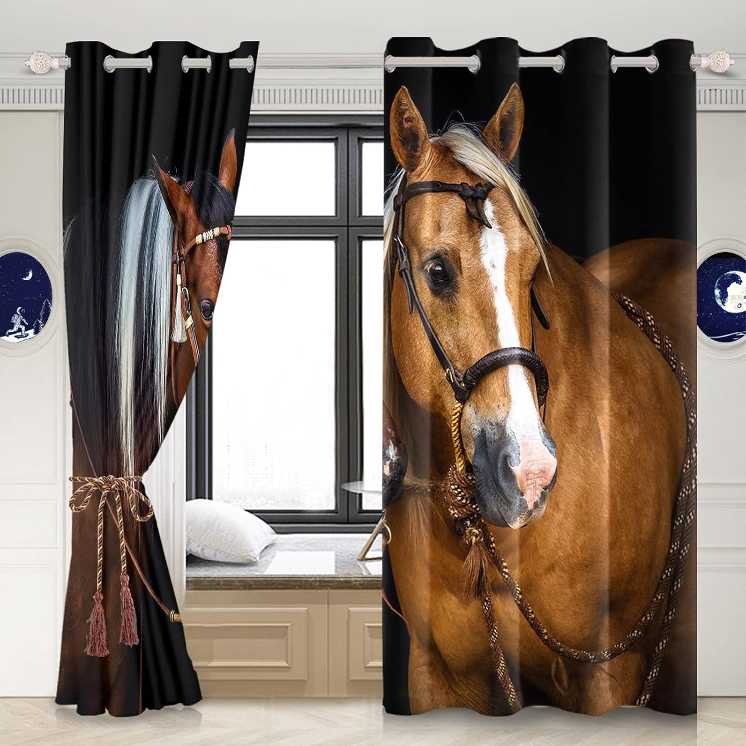 Yeele 53x85inches Western Horse Pattern Print Window Curtains for Living Room Bedroom Club Decor Waterproof Polyester 3D Print Grommet Blackout Window Drapes Room Darkening Curtains 2 Panels