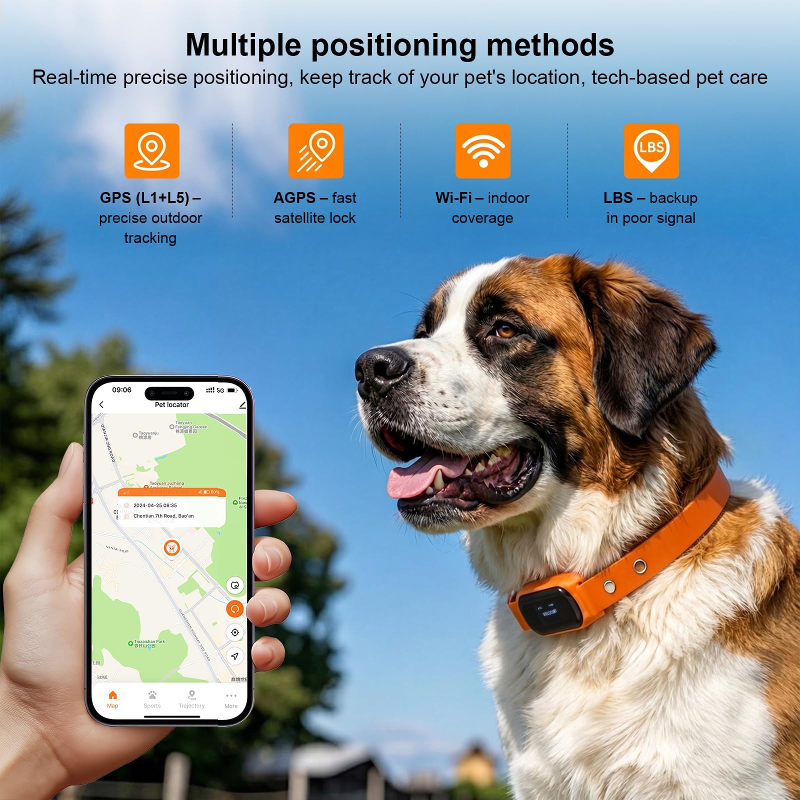 4G Echtzeit-Haustier-Tracker Dual-Band GPS Hundelokalisierer mit Anti-Verlust-Elektrozäunung,Keine monatlichen Gebühren, mit Gesundheitsüberwachung, Typ-C-Ladung, IP66