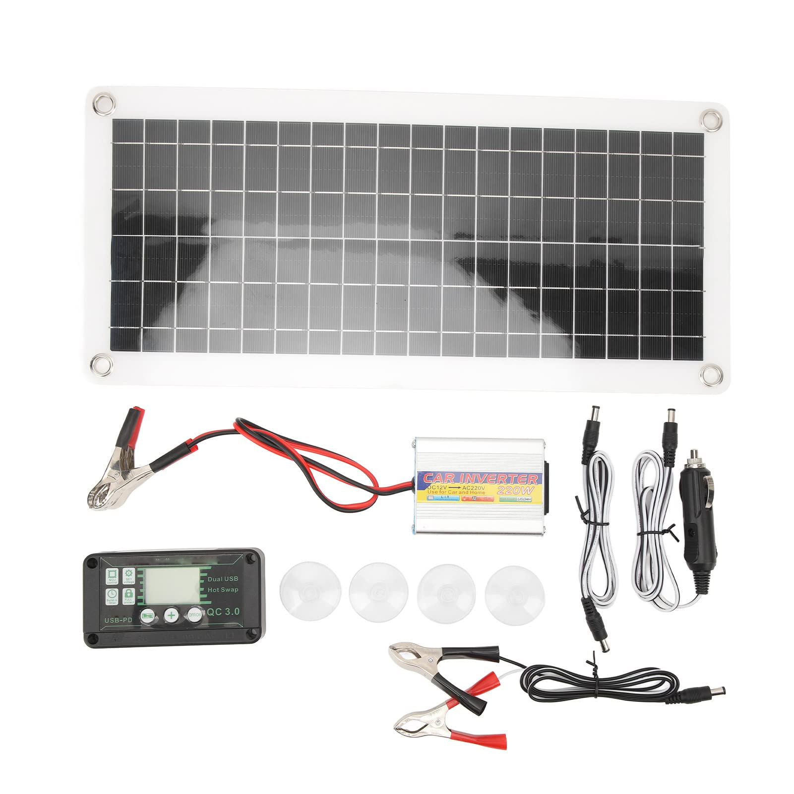 Kit Solare 12 V, Pannello Fotovoltaico in Polisilicio da 30 W con Regolatore 10 A e Inverter 220 W, Caricabatterie per Barca, Camper e Sistemi Elettrici Fuori Rete