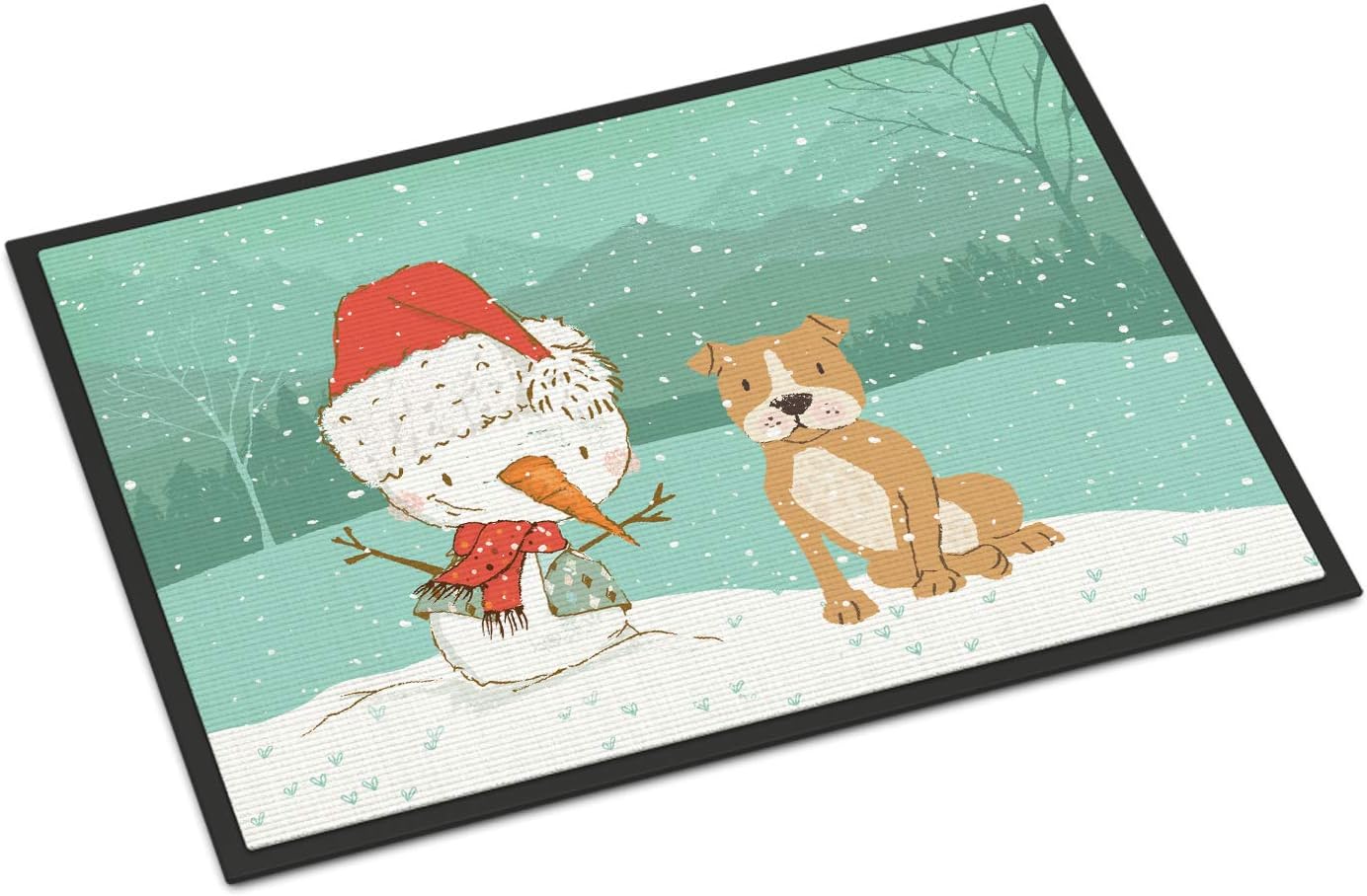Caroline's Treasures CK2076MAT Brown Staffie Snowman Christmas Doormat 18x27 Front Door Mat Indoor Outdoor Rugs for Entryway, Non Slip Washable Low Pile, 18H X 27W