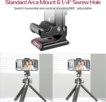 Metal Phone Tripod Mount 3 Cold Shoes & Arca Port, 360° Smartphone Tripod