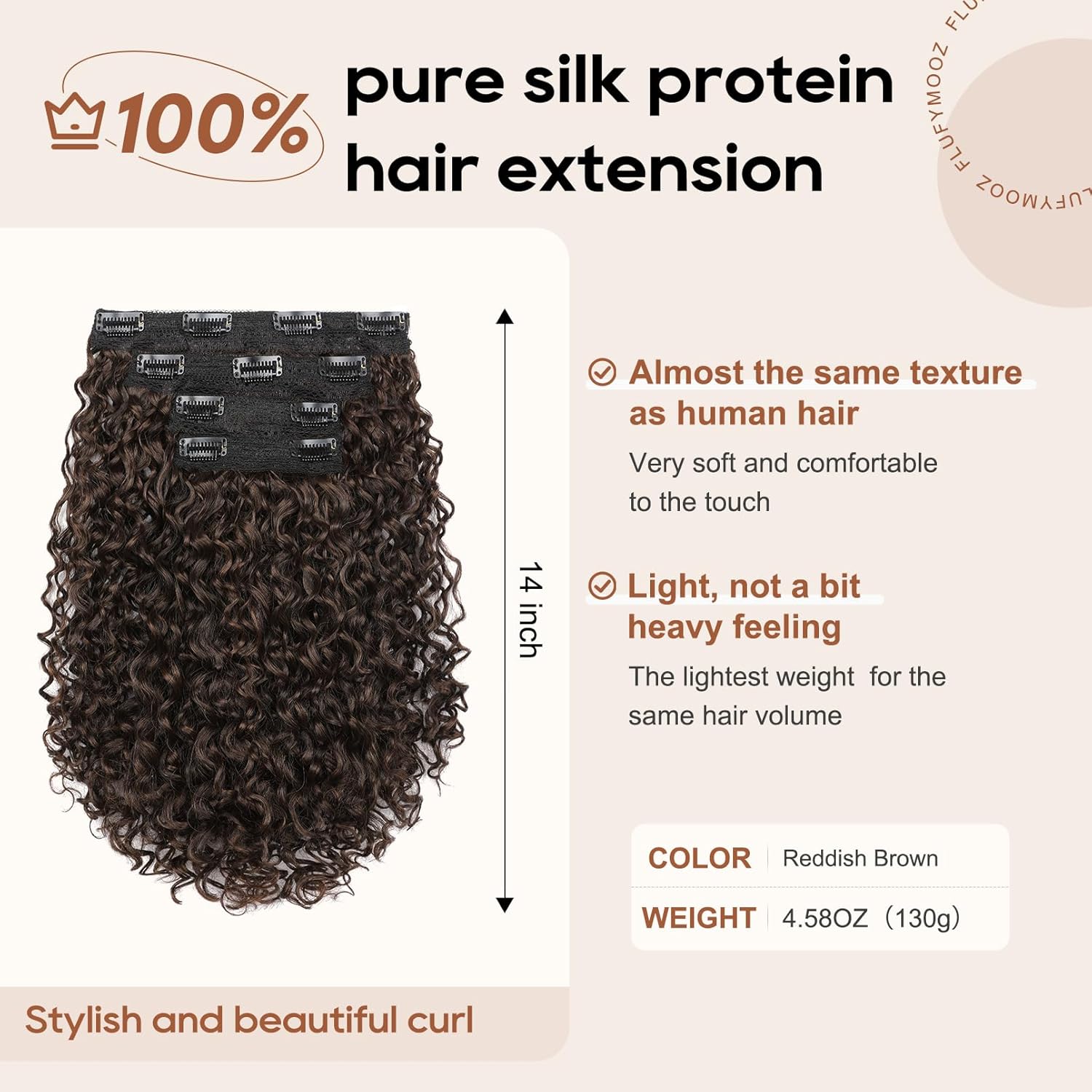 FLUFYMOOZ 4PC Clip in Hair Extensions, 14 Inch 100％ Pure Protein Silk Short Hairpiece Deep Curly Wavy Hair Extensions Clip in Natural Soft Hairpiece for Women-Reddish Brown thumbnail