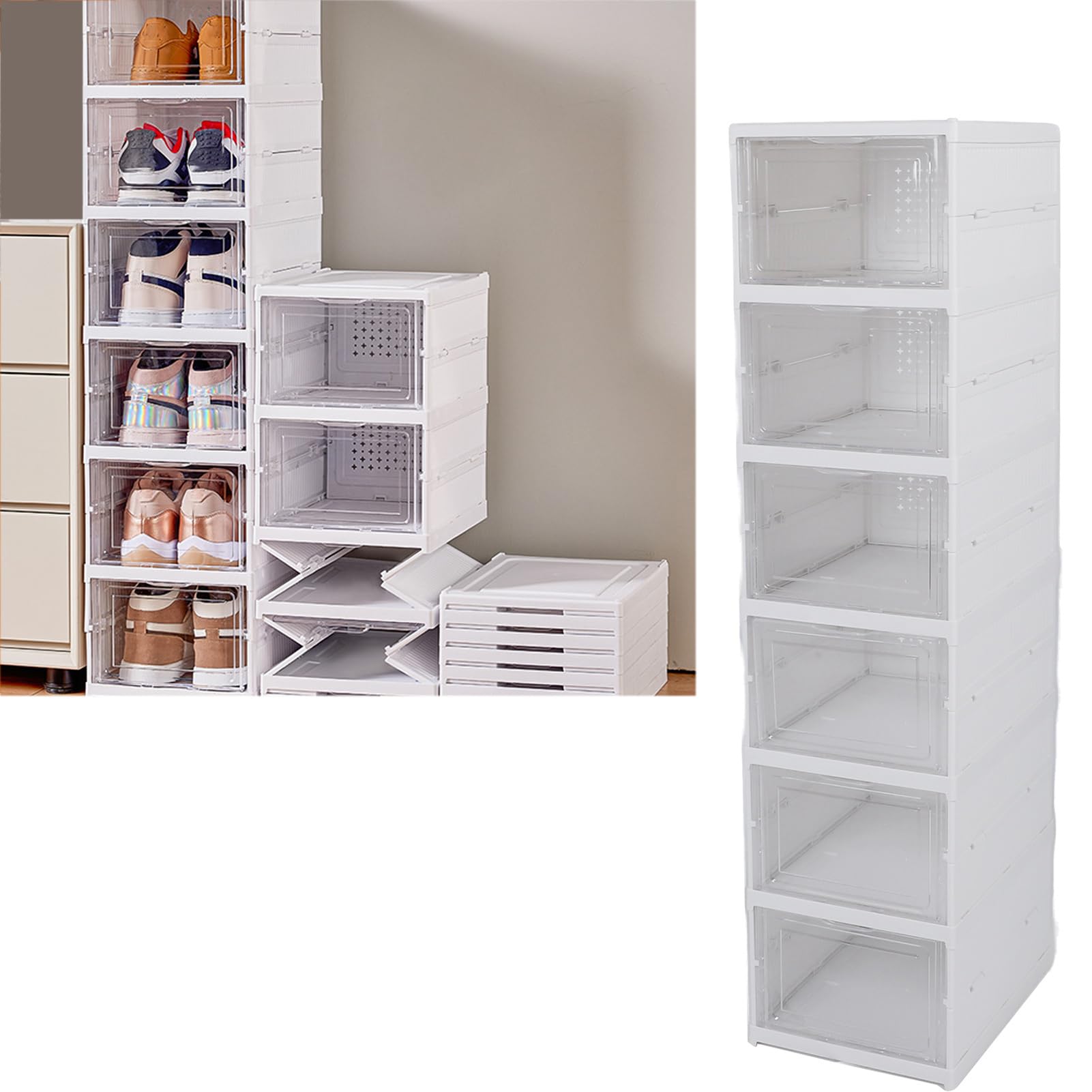 Caja de almacenamiento de zapatos plegable de plástico transparente, organizador de zapatos apilable para armario, ahorro de espacio, zapatero plegable, contenedor para zapatillas (6 capas)