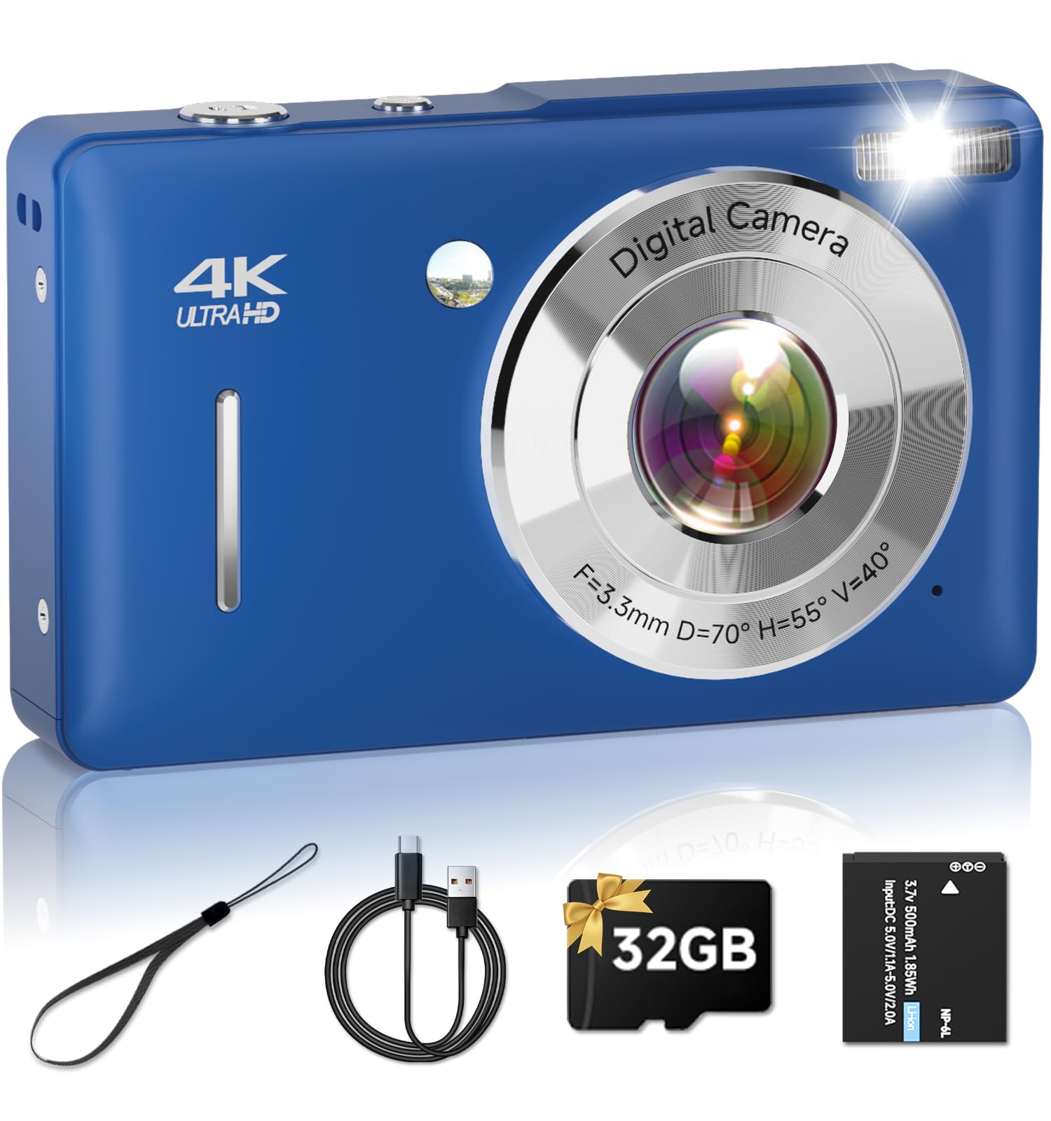 Digital Camera, FHD 44MP Compact Digital Camera with Anti Shake, Small Digital Camera with 32GB SD Card, 16X Zoom Camera for Kids, Teens, Boys, Girls Blue
