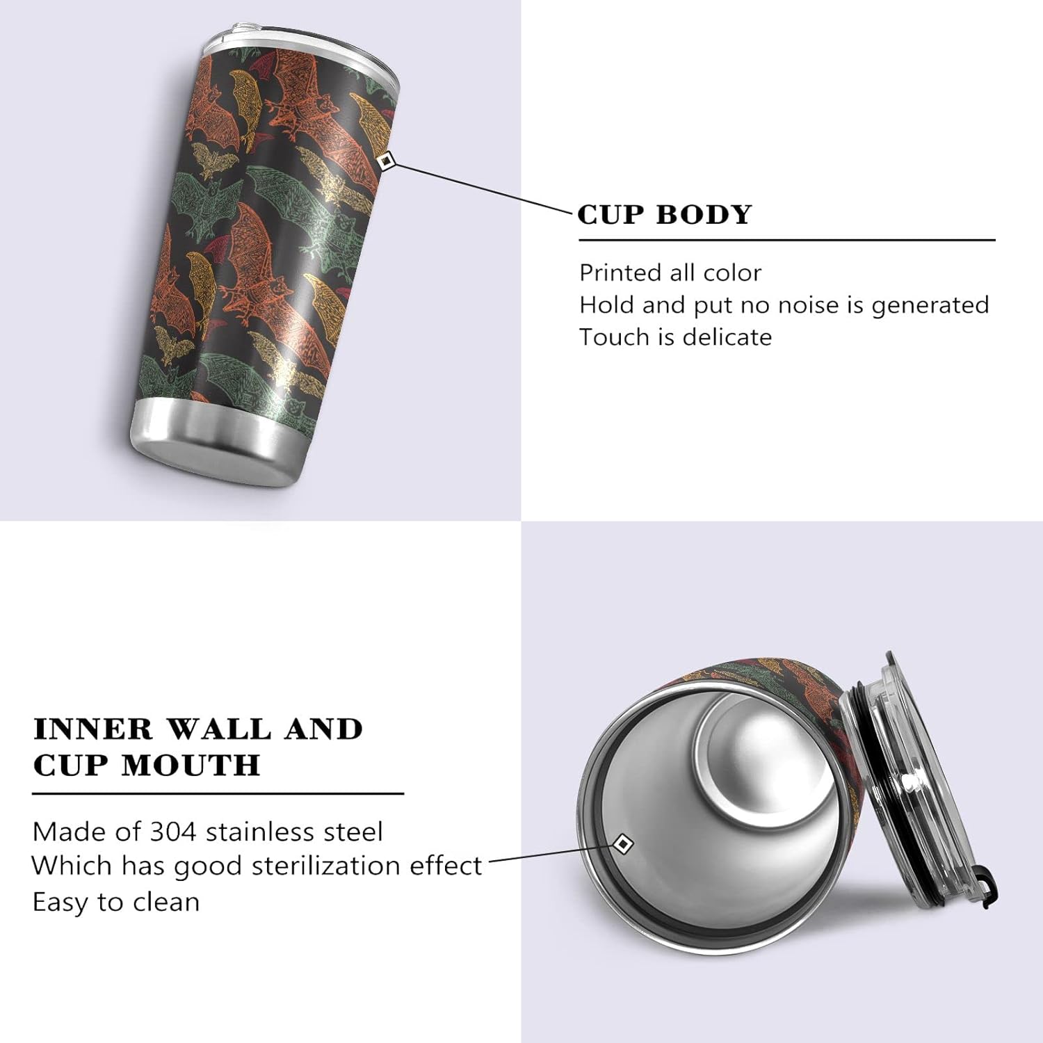 Halloween Tumbler Colorful Bat Insulated Coffee Cup Back to School Beverage Container Office Travel Mug with Straw and Lid 20oz Holiday Gift Day of The Dead Present - Image 3