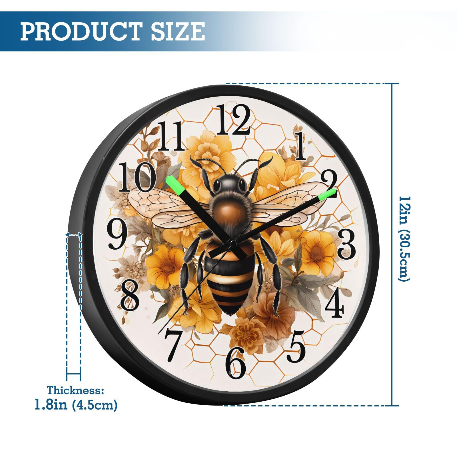 Mnsruu Reloj de pared luminoso con diseño de abeja, girasol, acuarela, funciona con pilas, silencioso, brilla en la oscuridad, para sala de estar, cocina, 12 pulgadas