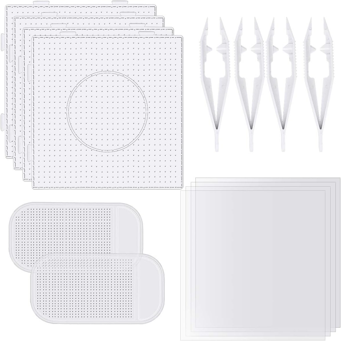 Sc0nni 4 Sets 5mm Fuse Bead Board Clear Plastic Pegboards with Sticky Bead Mat for Kids DIY Craft Beads (Square)