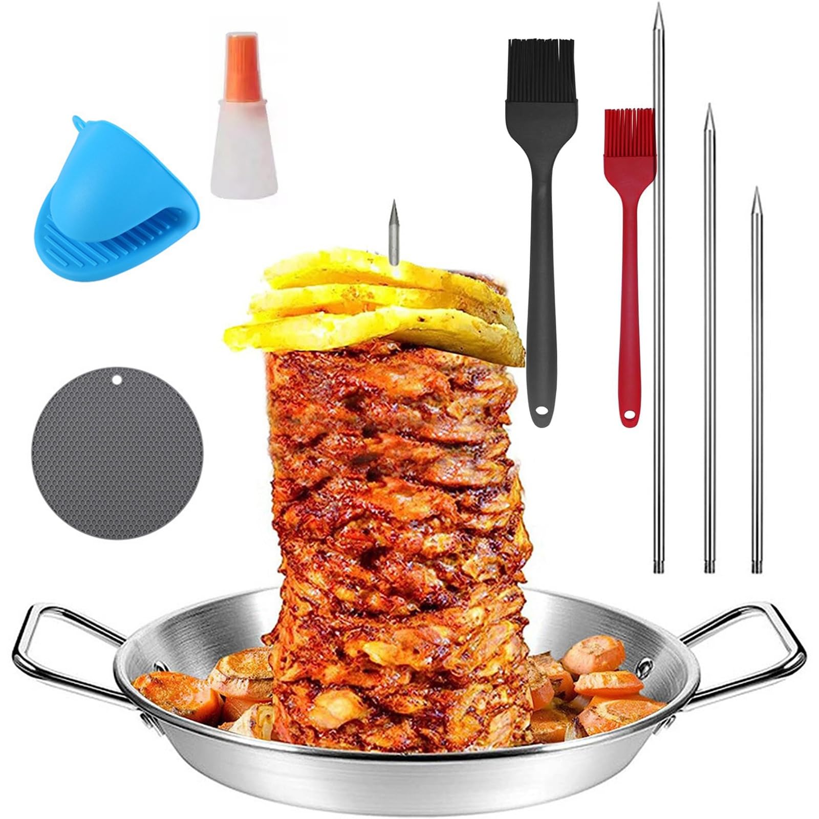 Vertikaler Spieß aus 304 Edelstahl, 25,4 cm, für Gyro-Kochen, ofenfeste Schale mit Spieß, perfekt für Kebabs, Grillen und Grillen, langlebig und leicht zu reinigen