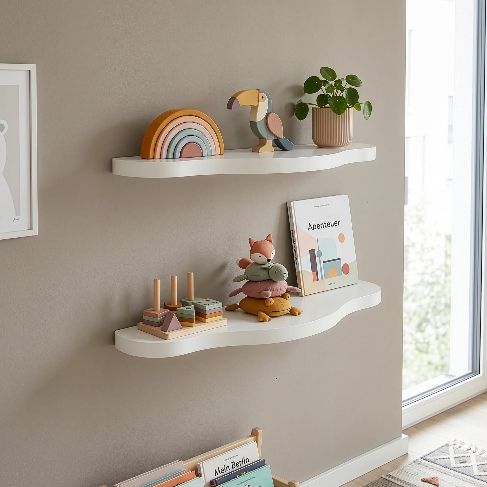 [en.casa] Set di 2 Mensole da Parete per Bambini Ripiani Decorativi Portaoggetti Sospesi a Muro per Libri Giocattoli Decorazioni Cameretta Soggiorno Corridoio 57 x 19 x 3 cm - Bianco